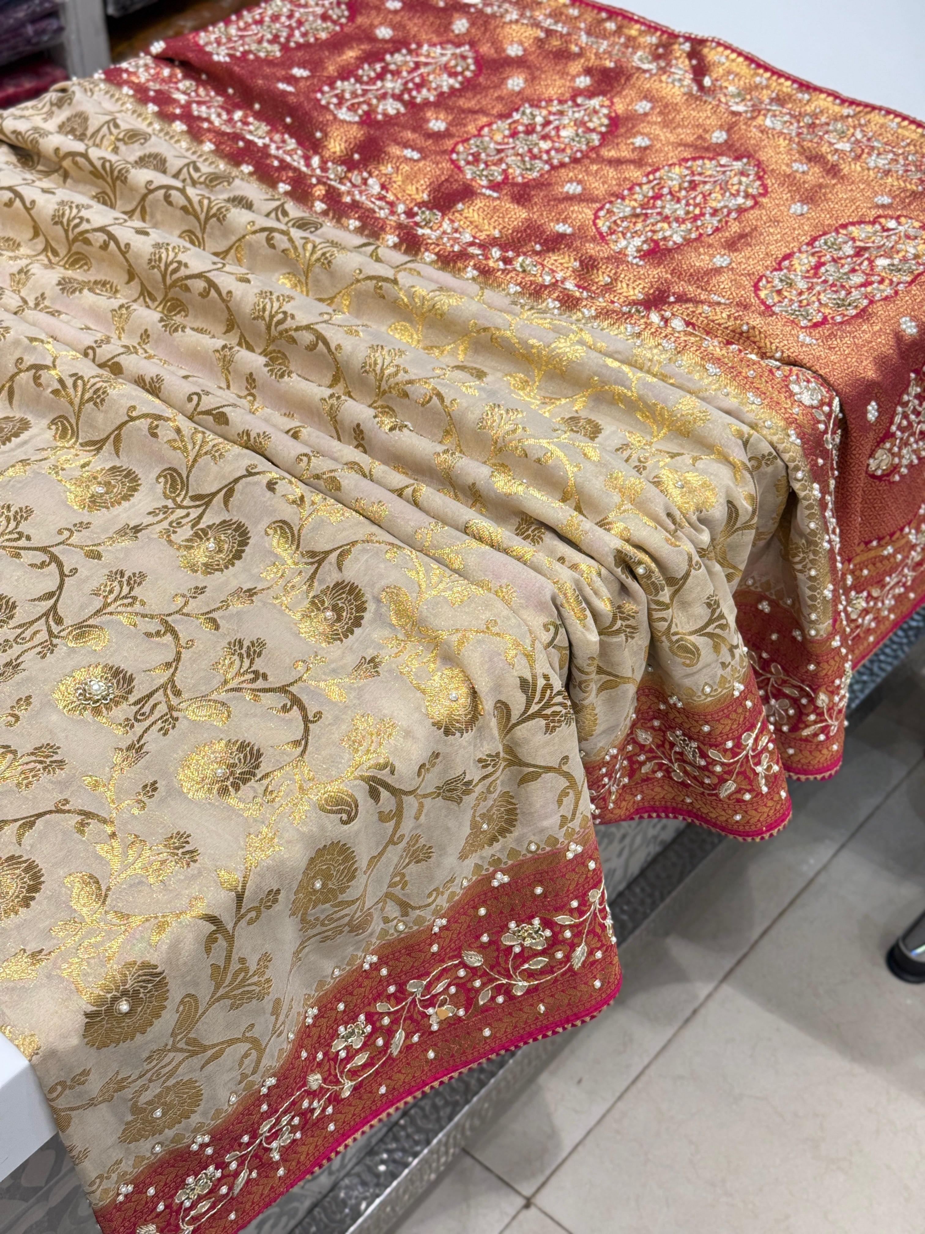 Beige Rani Banarasi Khaddi Georgette Baghban Jaal Zardosi Embroidery Saree