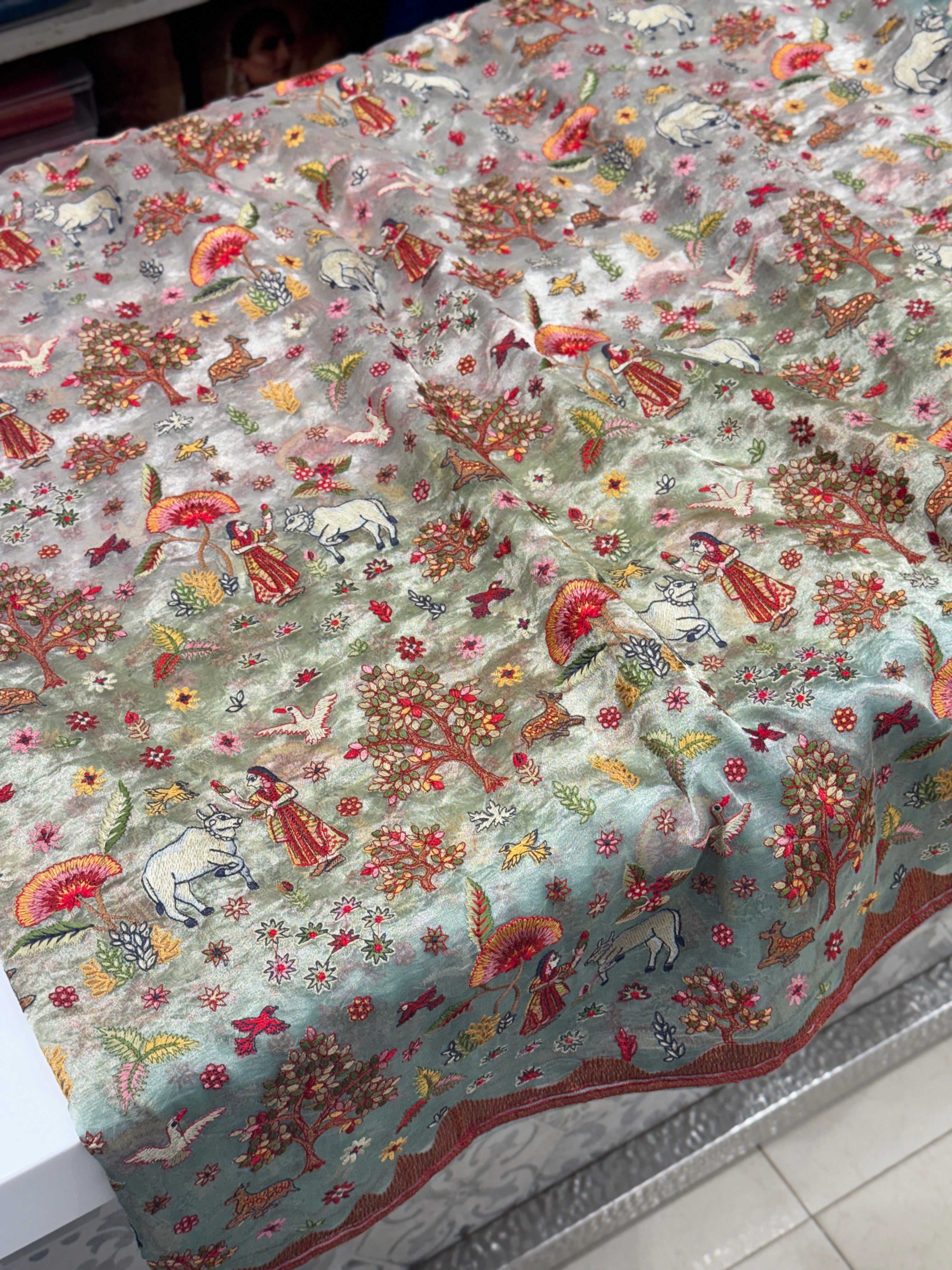 Nita Ambani Inspired Jamdani Style Embroidery Tissue Silk Saree