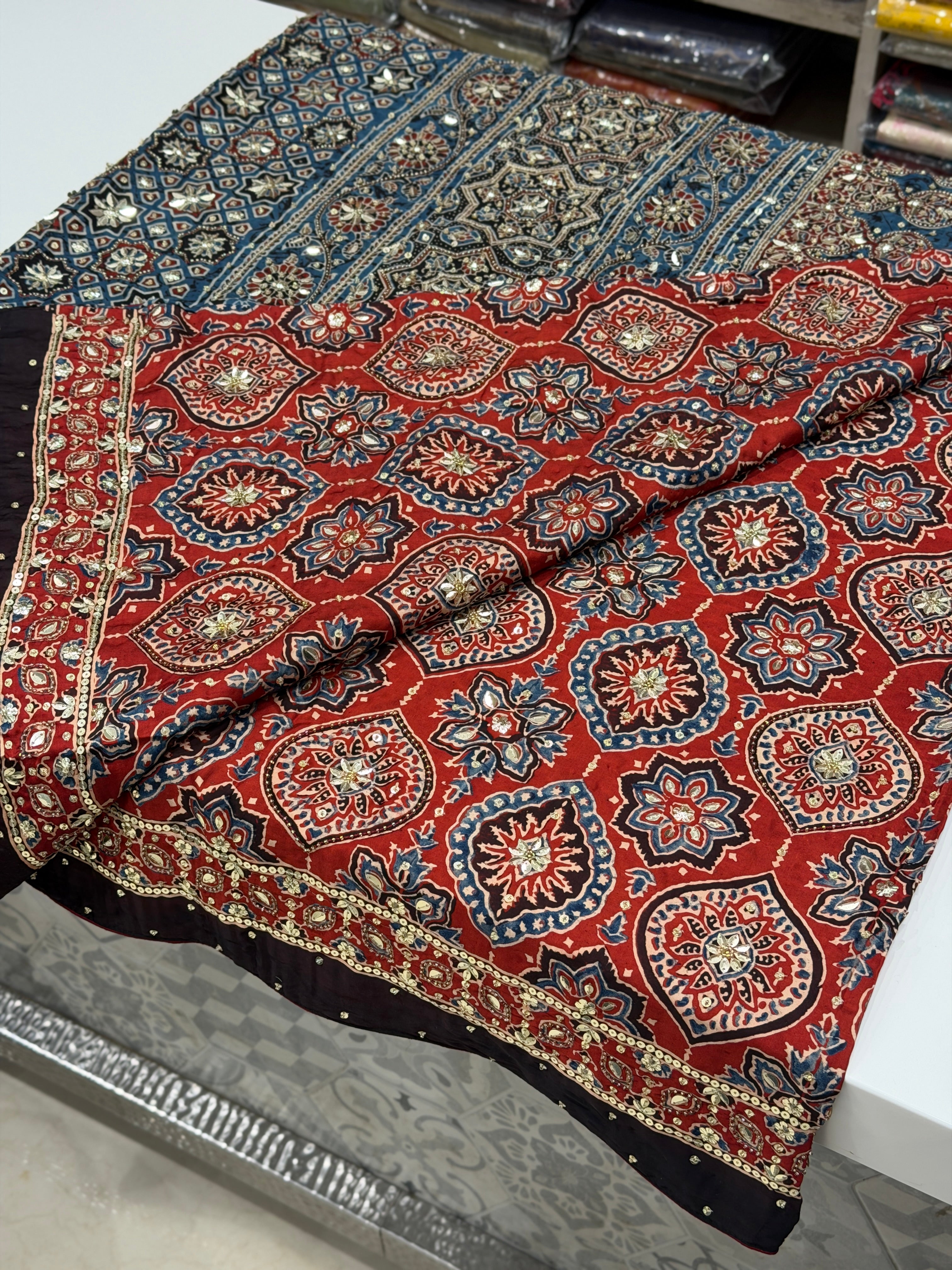 Red Blue Badam Jaal Ajrakh Sequin Moti Hand Embroidery Saree