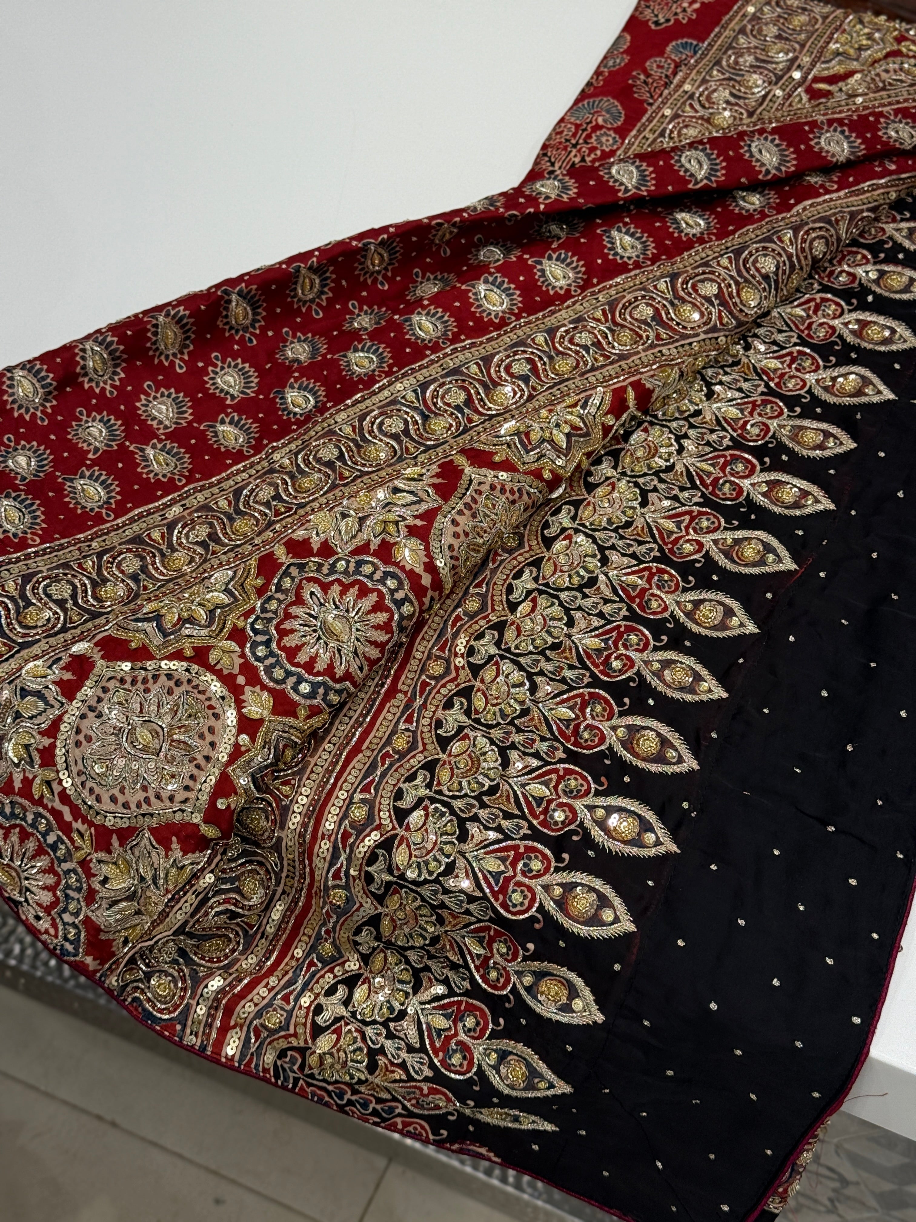 Red Buttis Pita Zardosi Sequin Ajrakh Hand Embroidery Saree