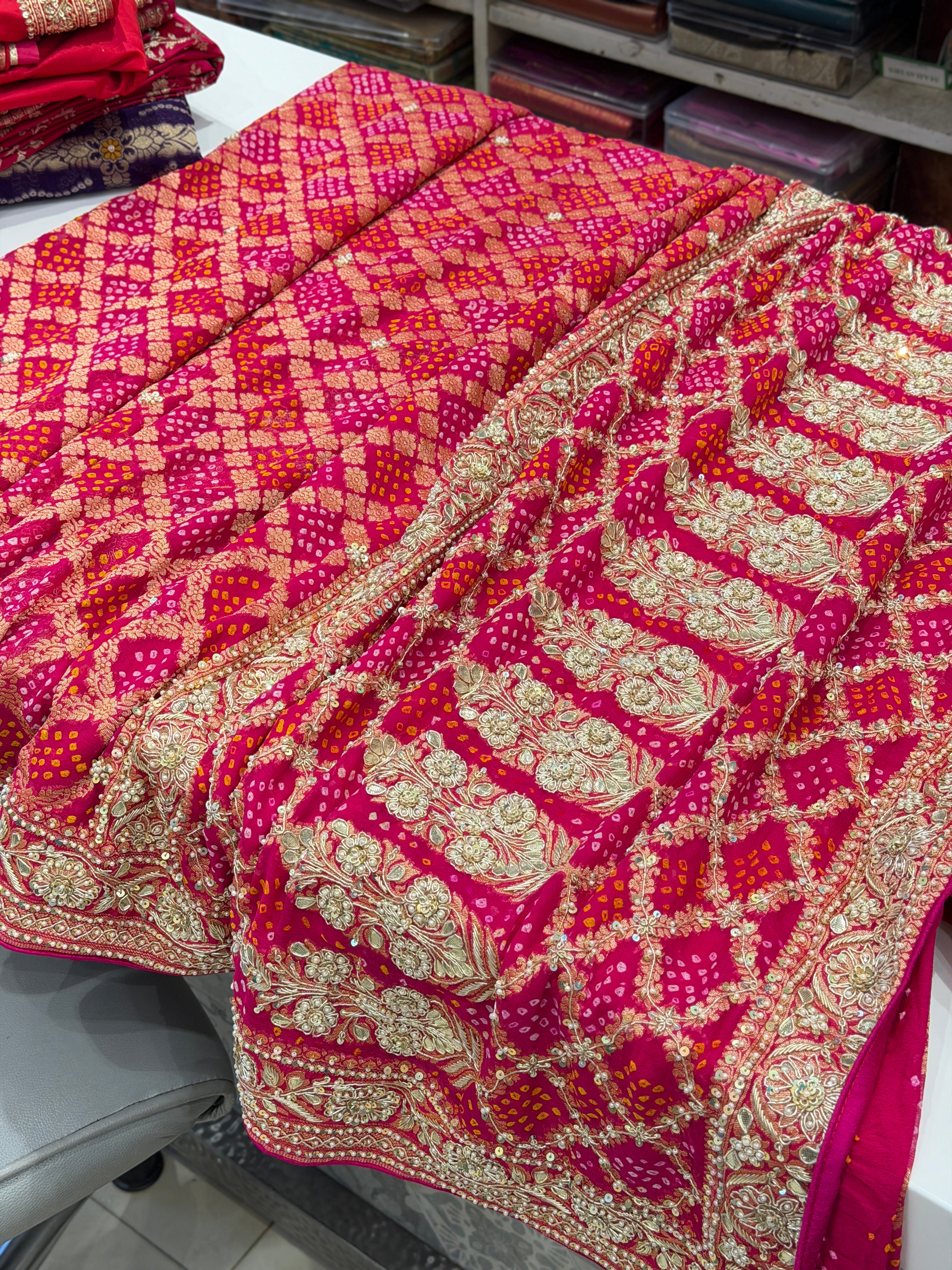 Rani Pink Rai Bandhej Zardosi Hand Embroidery Saree