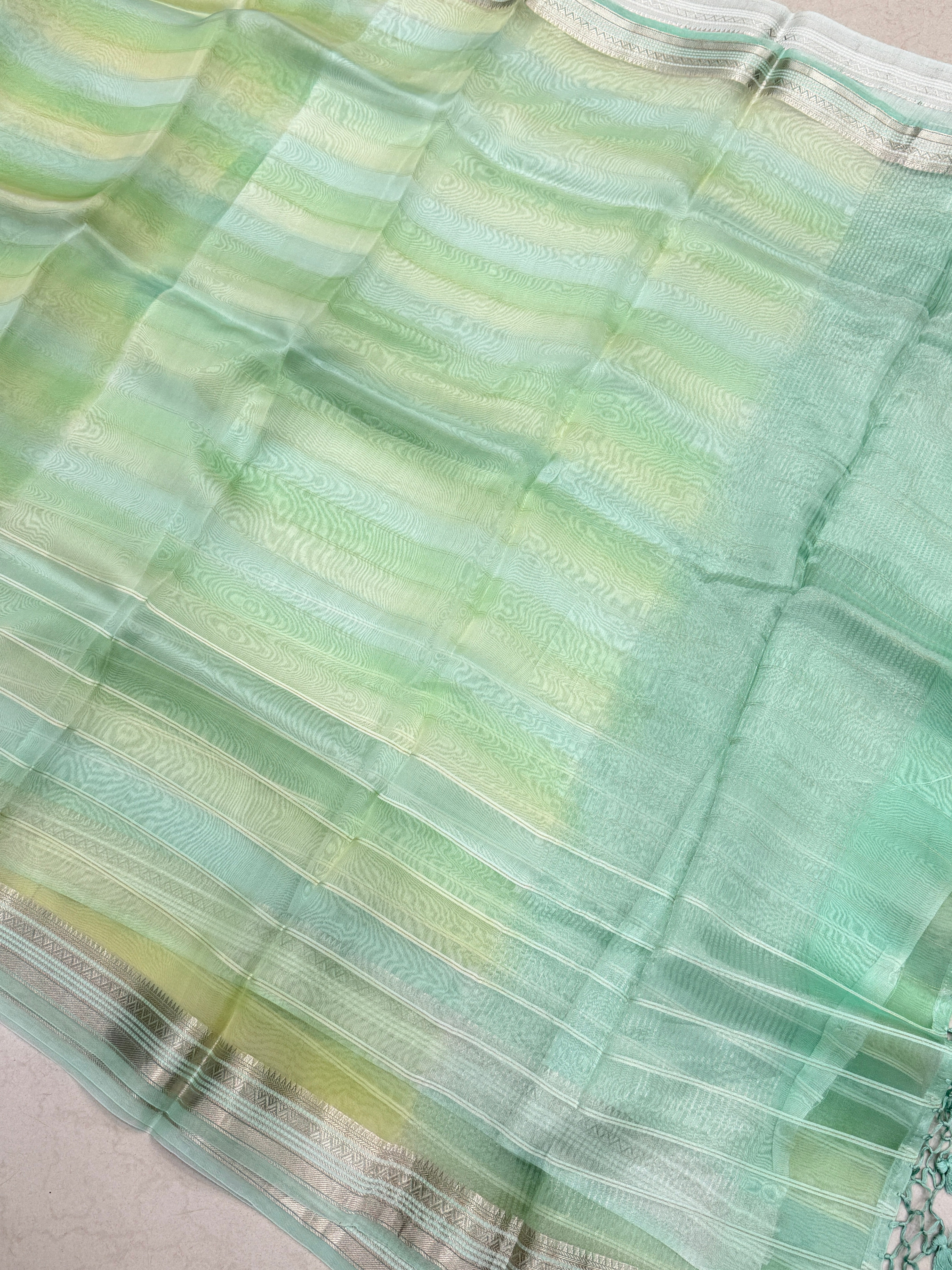 Green Shaded Leheriya Handloom Pure Kora Silk Banarasi Saree