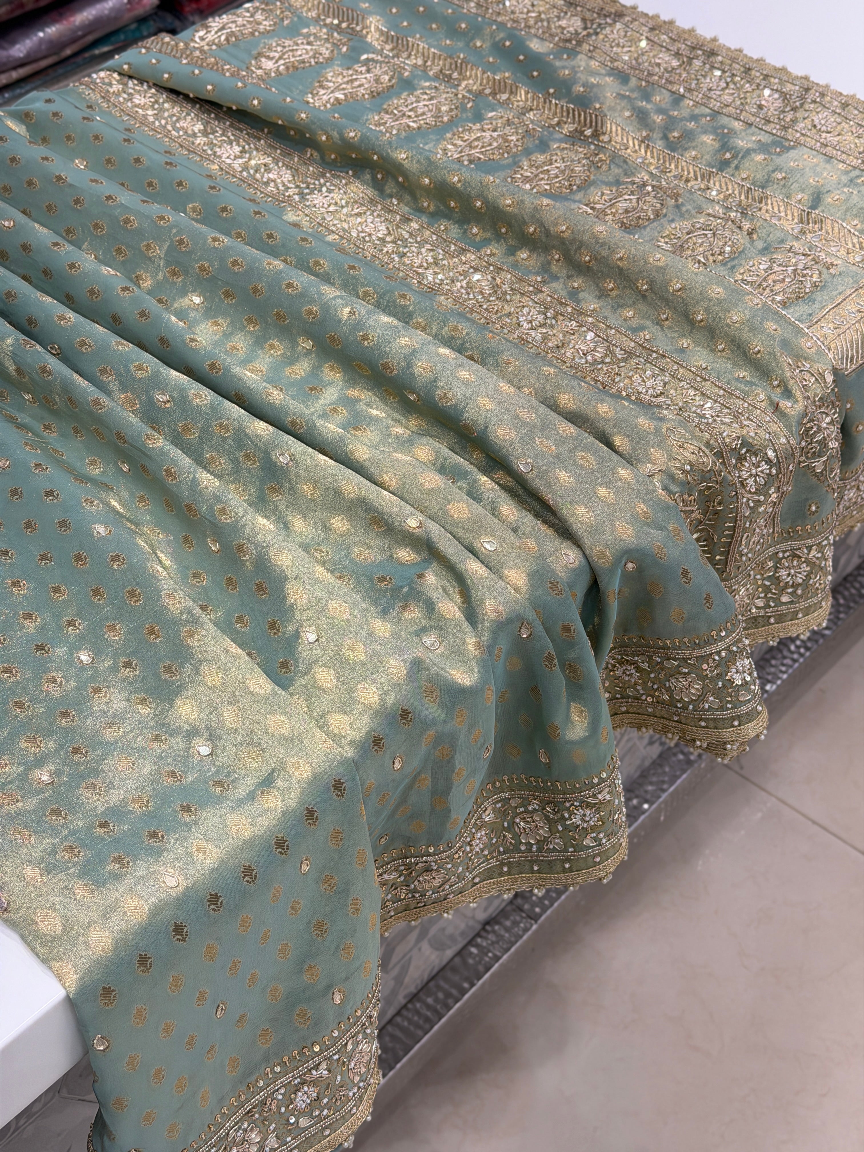 Sea Green Tissue Banarasi Buttis Zardosi Embroidery Saree