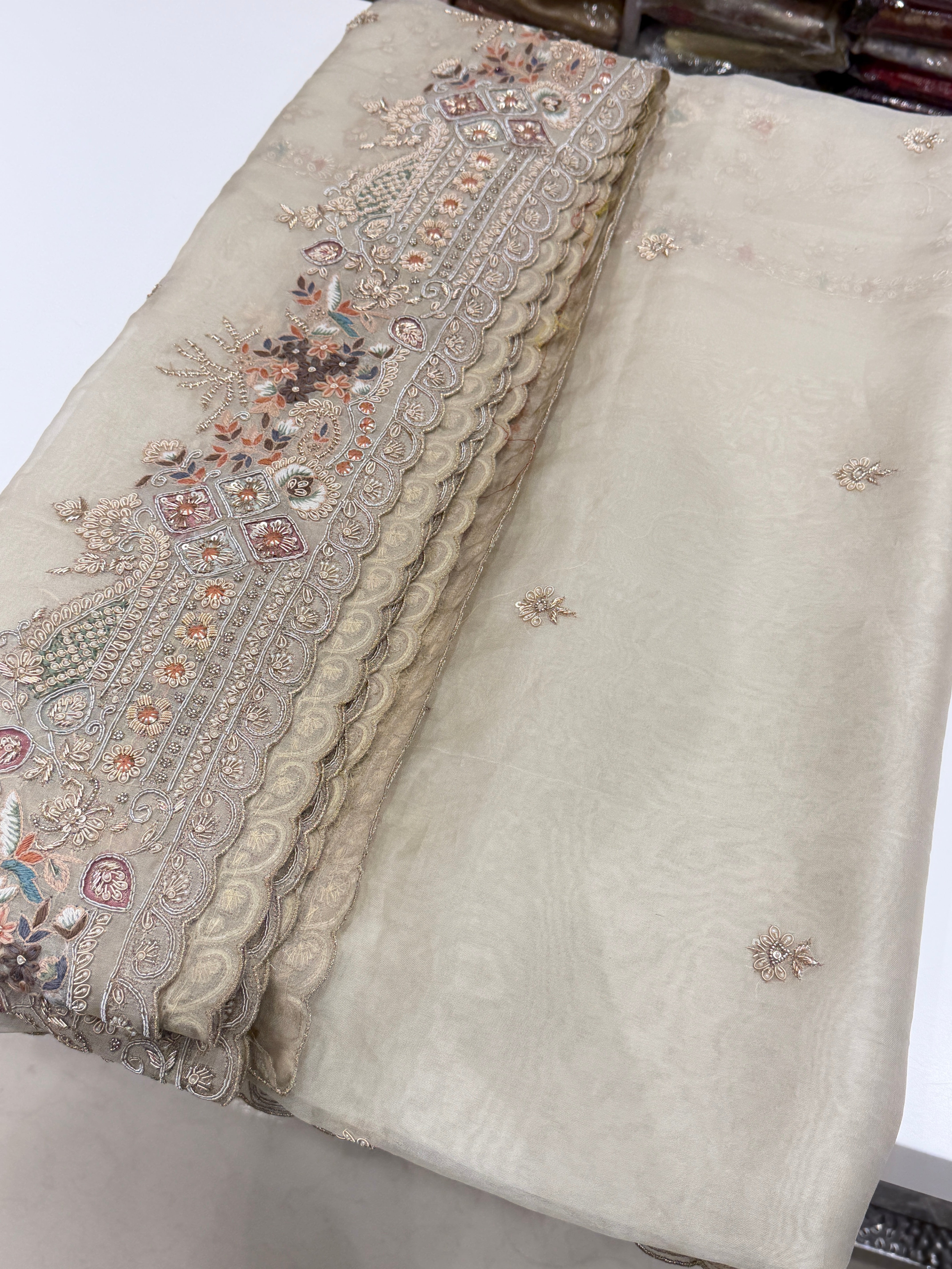 Moti White Organza Border Zardosi Resham Hand Embroidery Saree