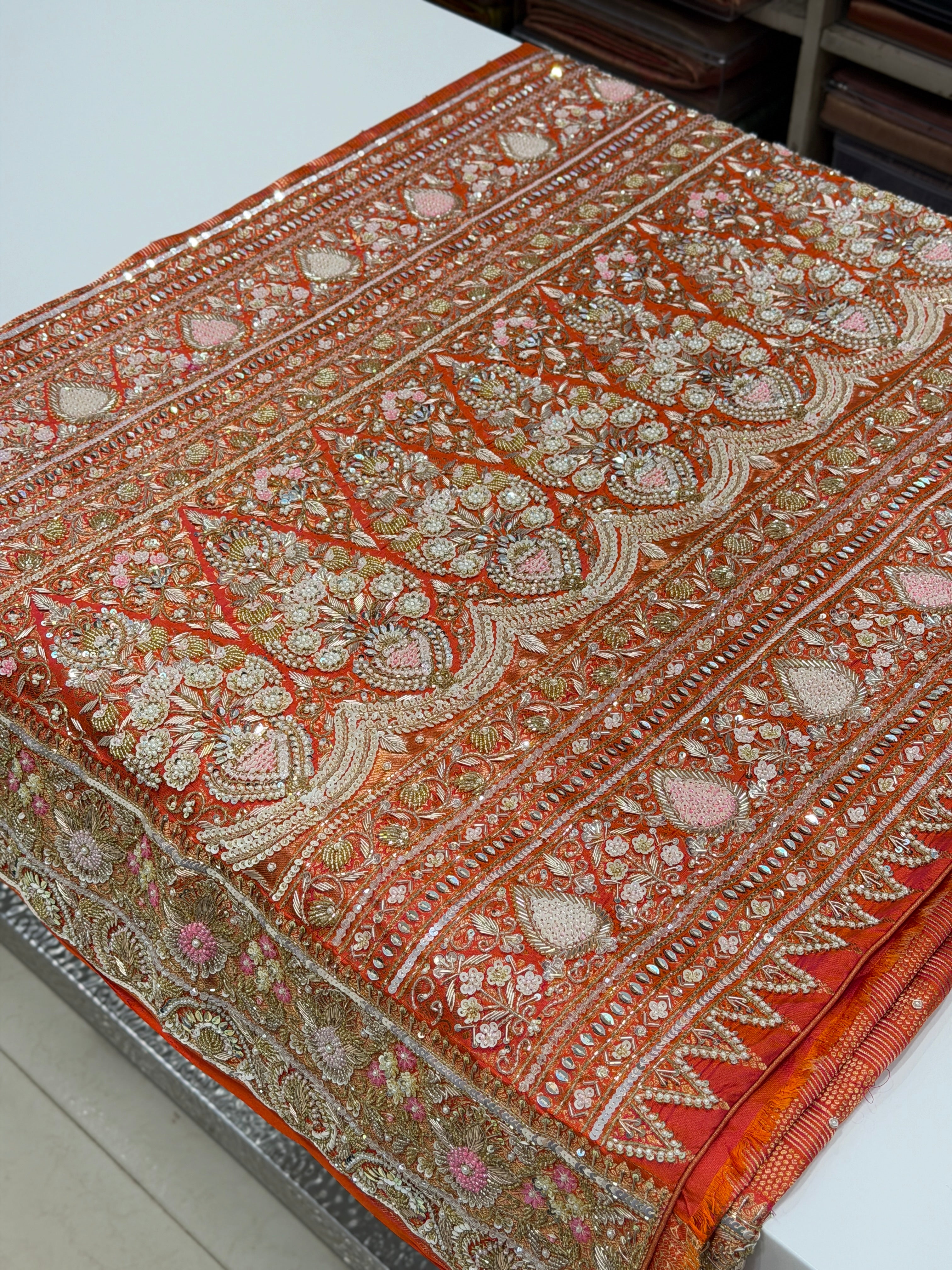 Orange Kanjivaram Moti Zardosi Hand Embroidery Saree