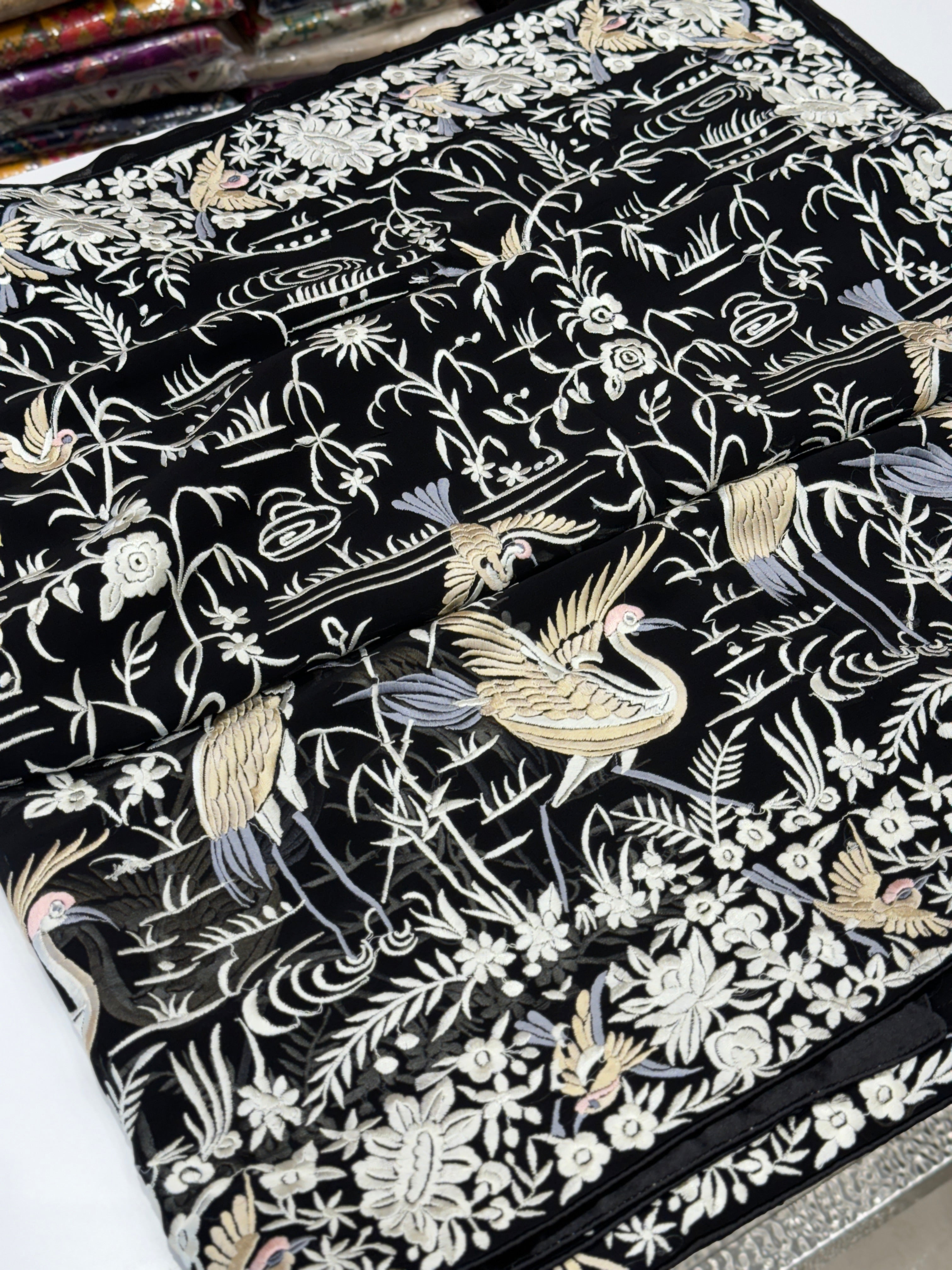 Black Parsi Gara Flying Flamingo Georgette Saree