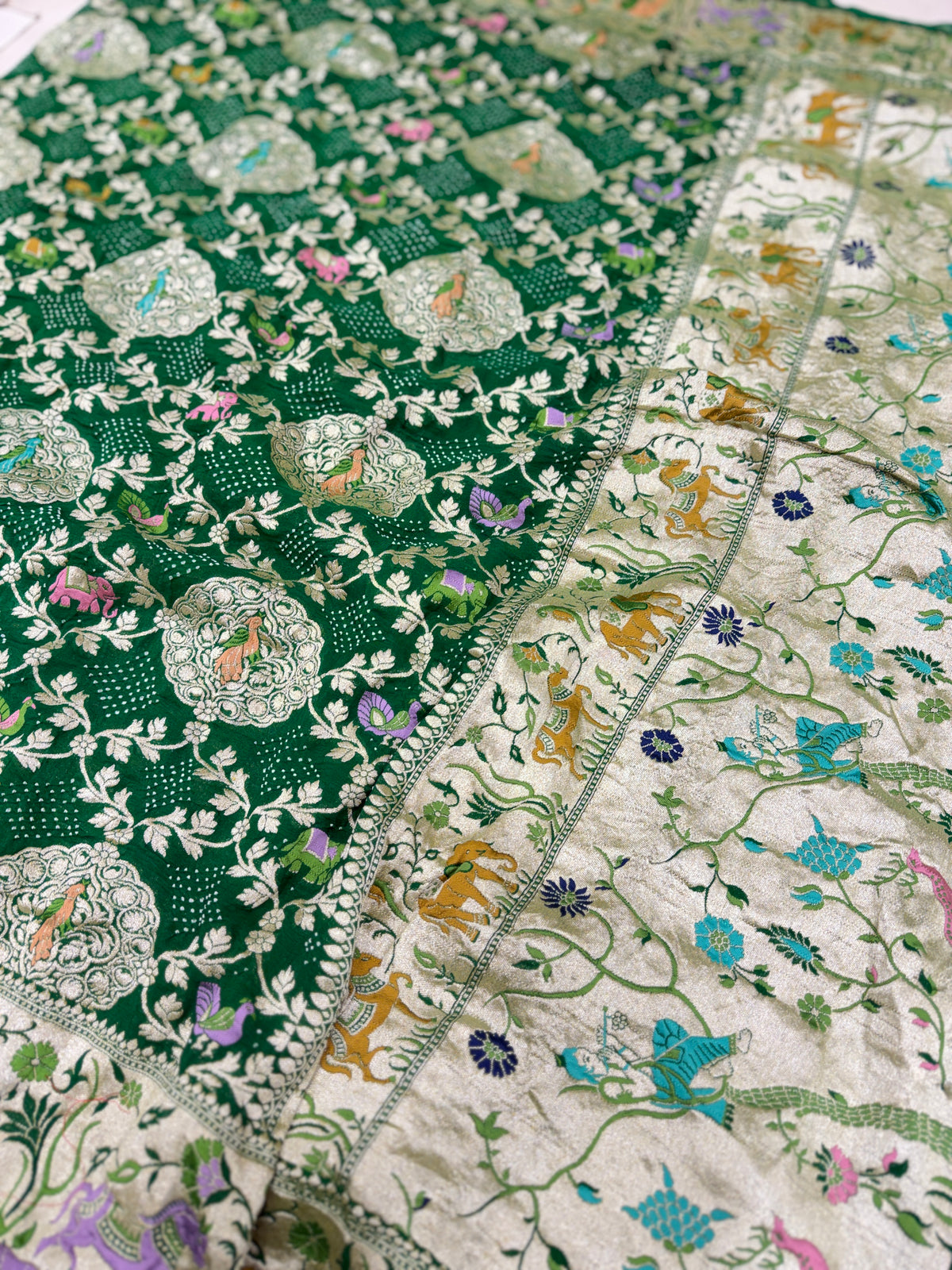 Bottle Green Meenakari Elephant Motif Geoegette Rai Bandhej Saree