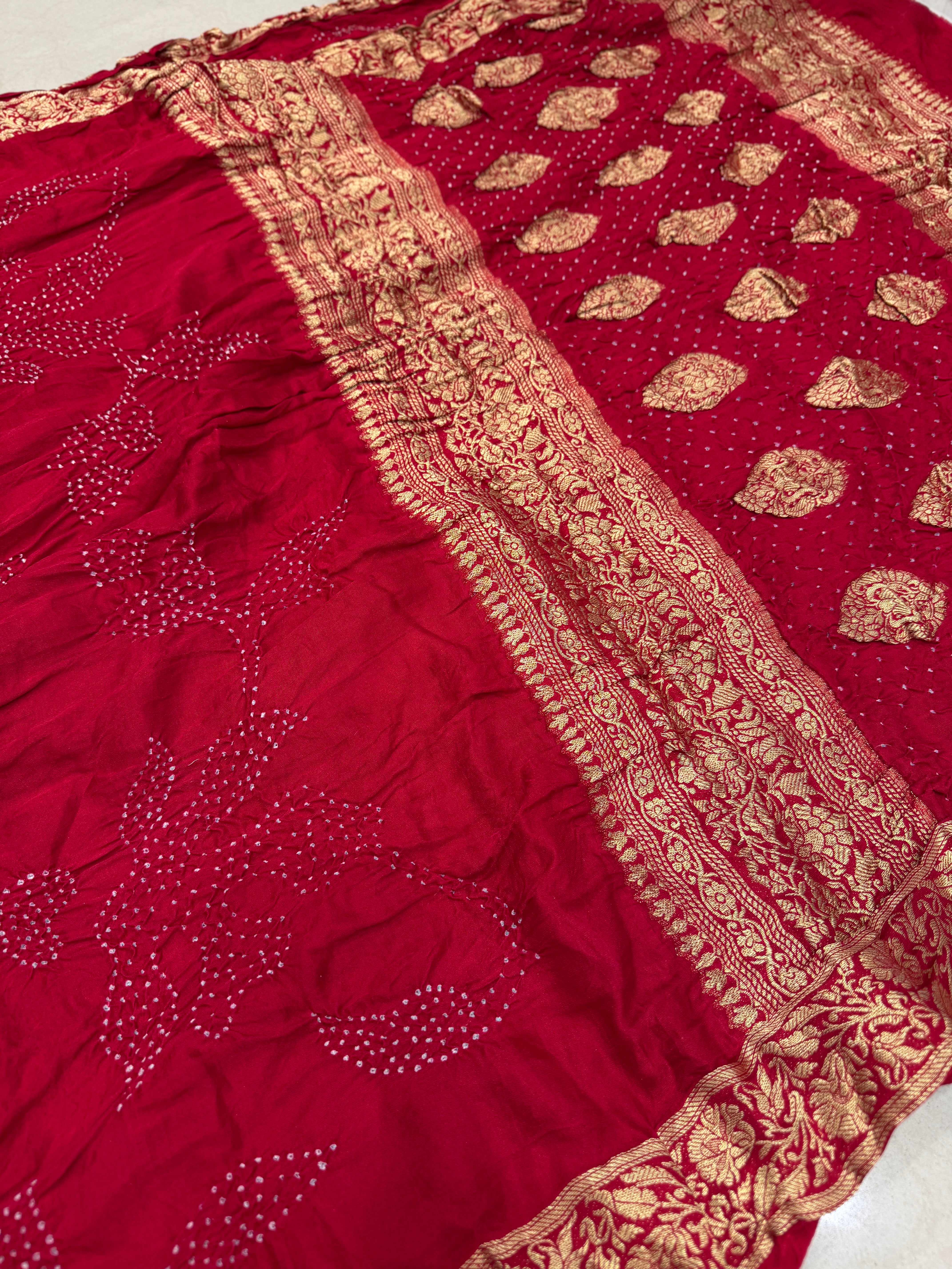 Red Ambadal Pure Gajji Silk Rai Bandhej Hand Made Saree