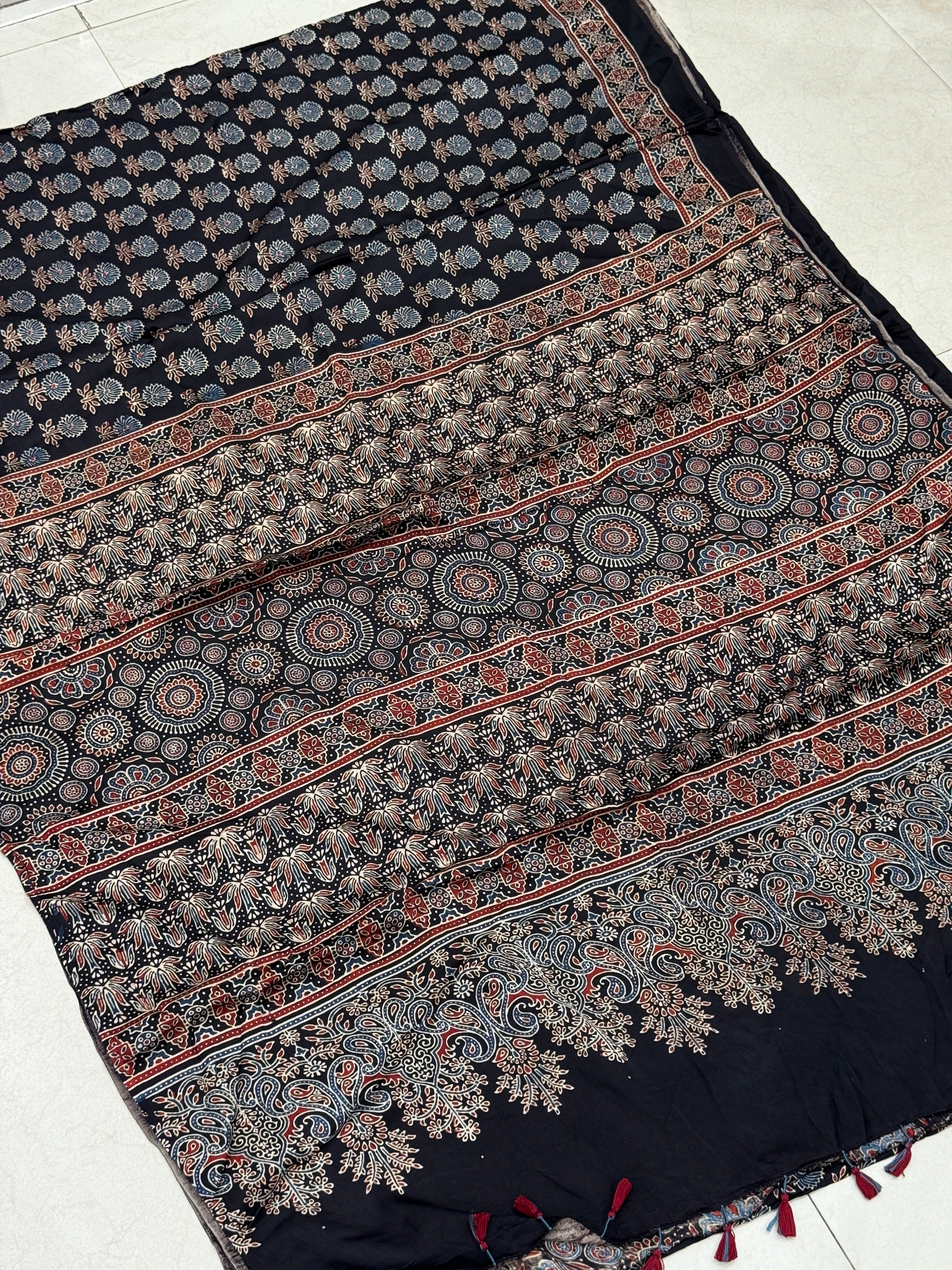Black Contemporary Buttis Ajrakh Block Print Hand Pure Gajji Silk Saree