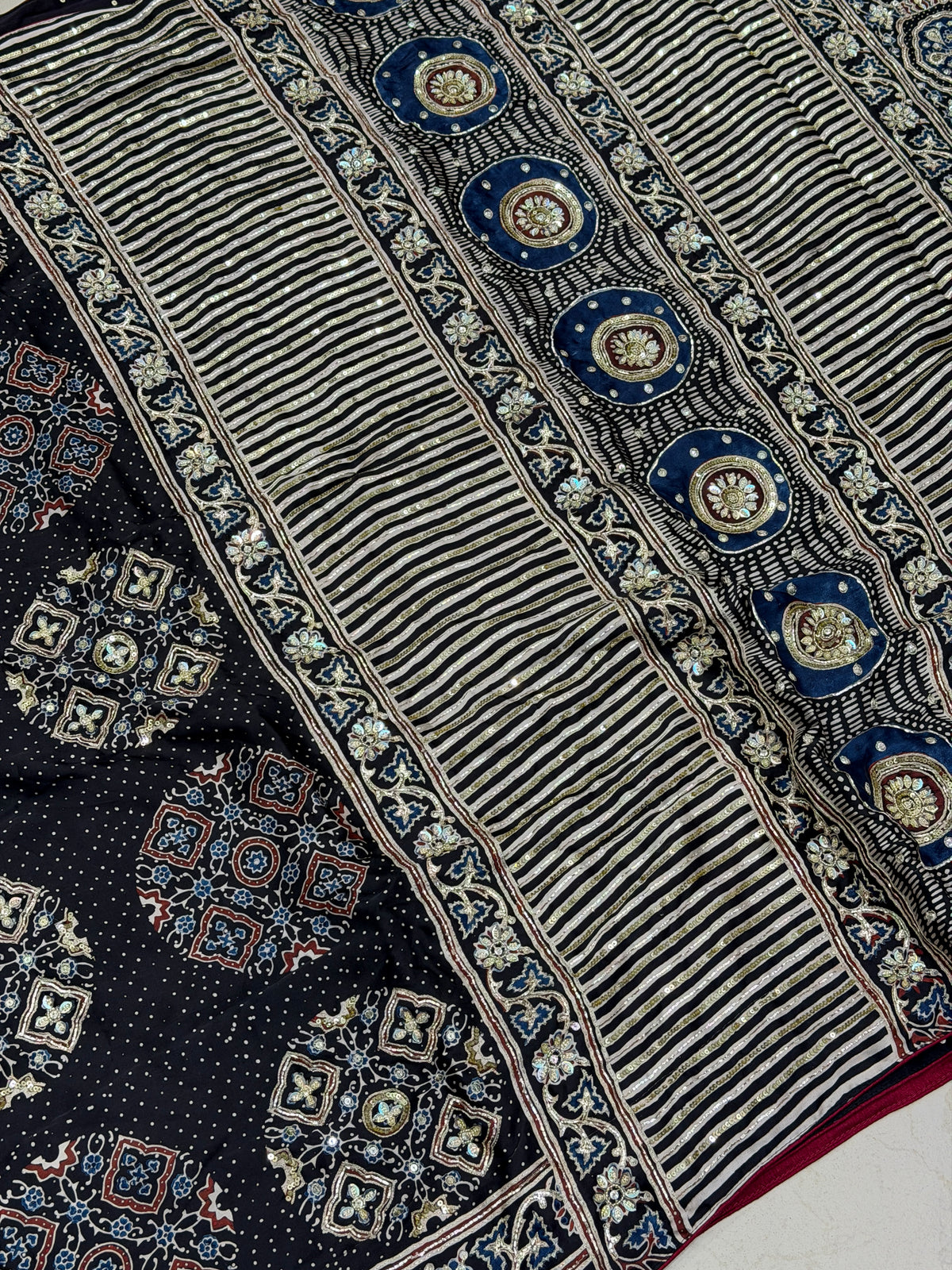 Black Dot Buttas Ajrakh Sequin Moti Hand Embroidery Saree