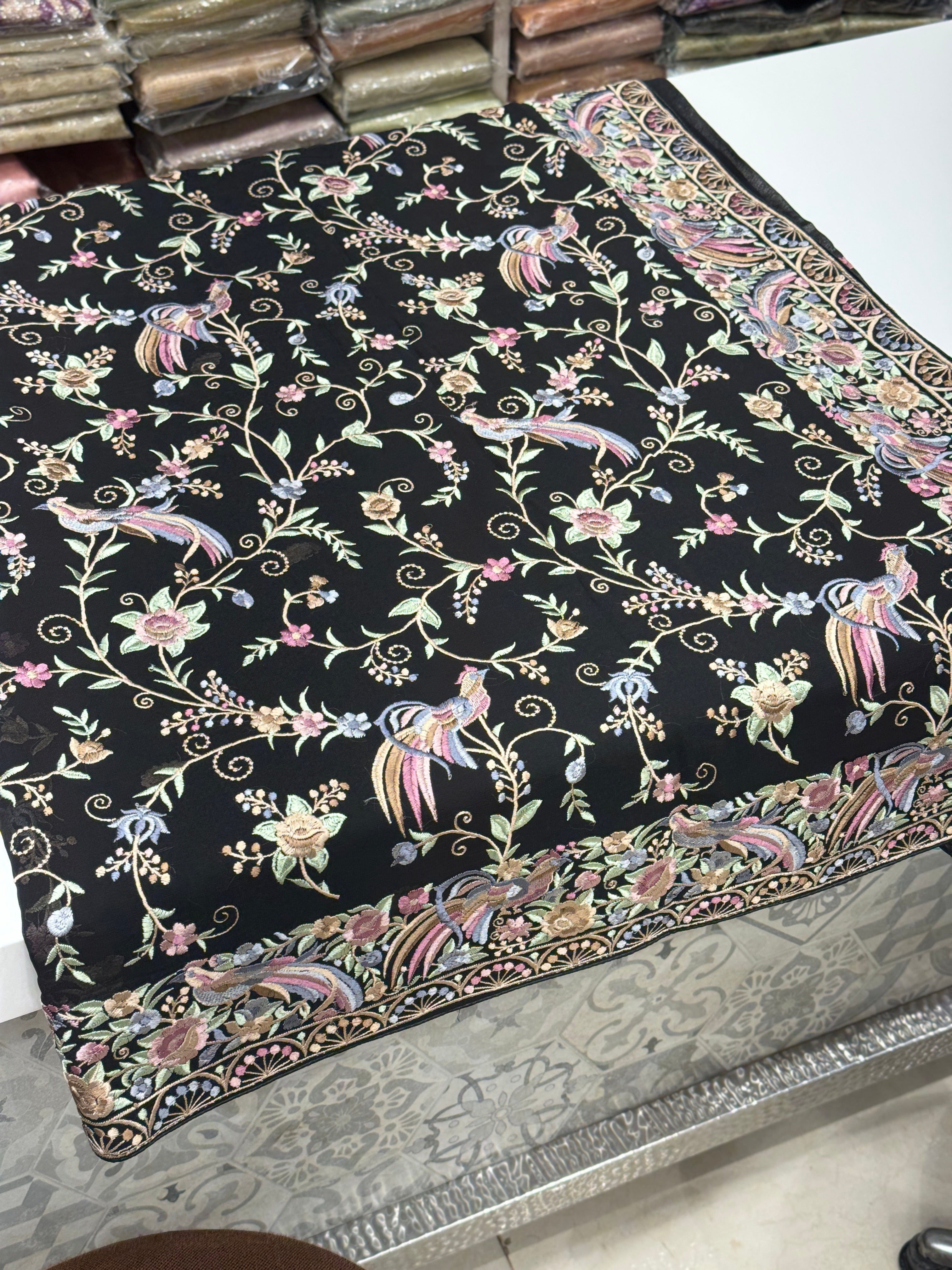 Black Multi Georgette Floral Parsi Gara Saree