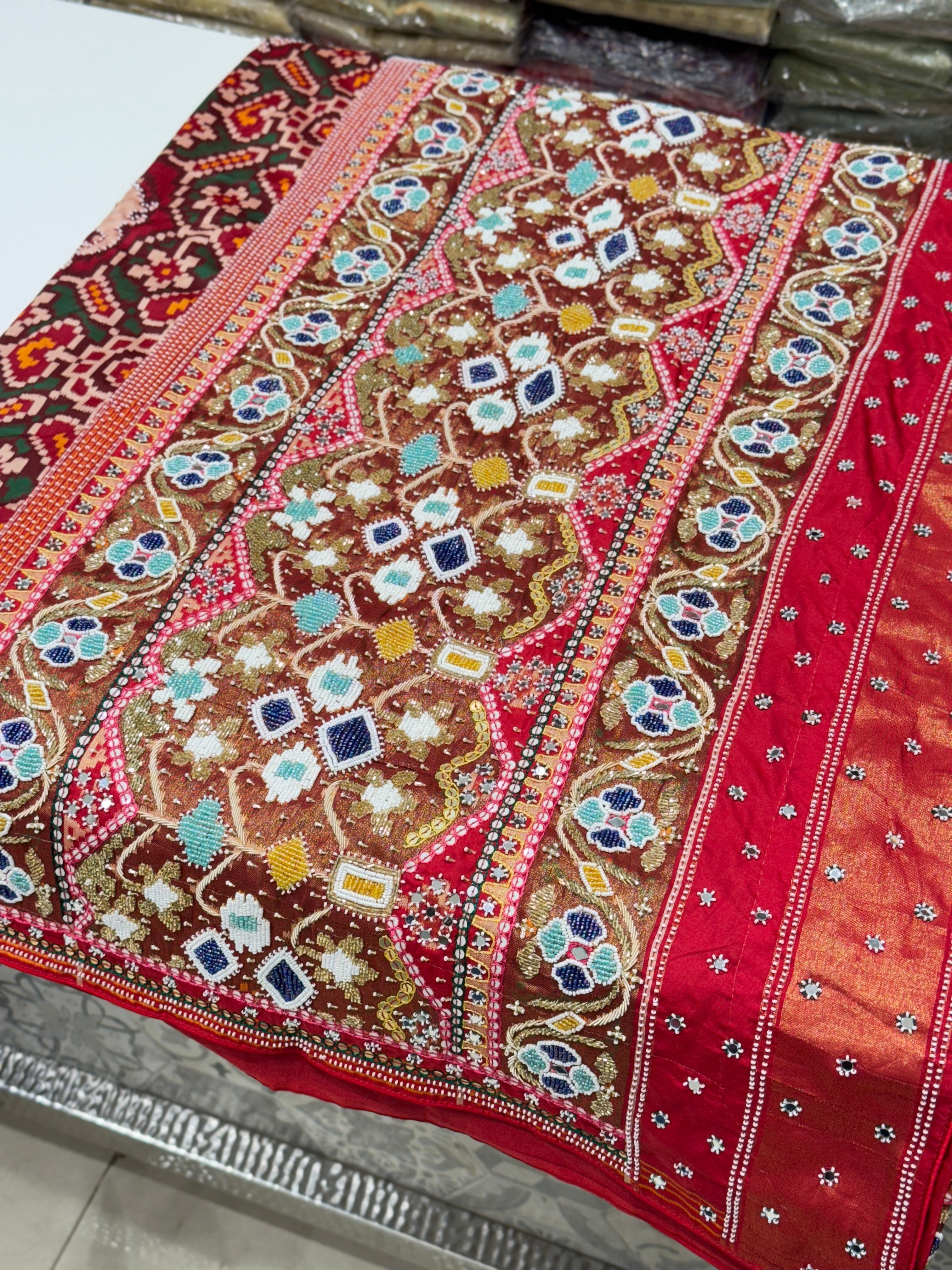 Maroon Patola Moti Zardosi Embroidery Saree