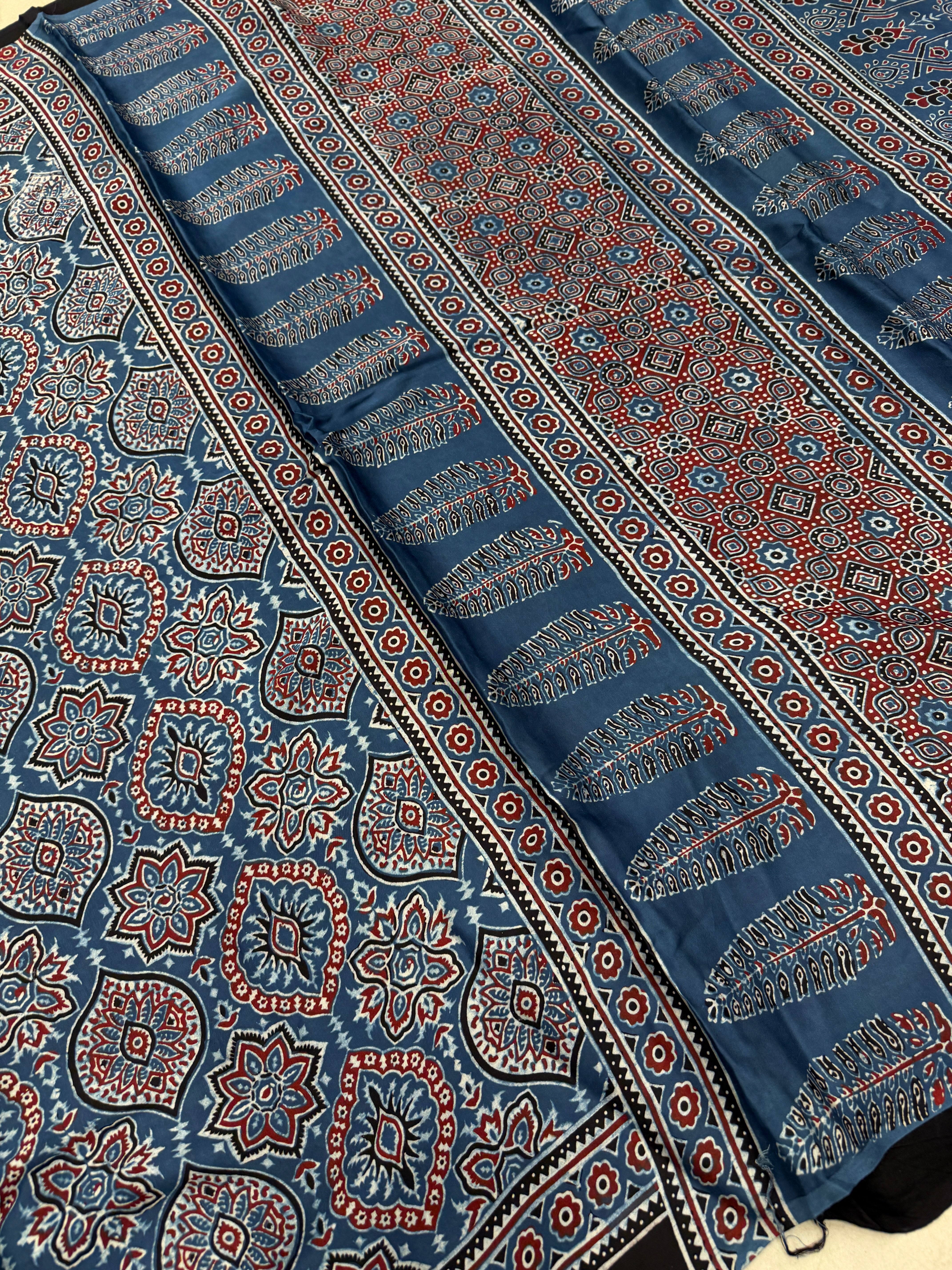 Blue Badam Ajrakh Hand Block Print Pure Gajji Silk Saree