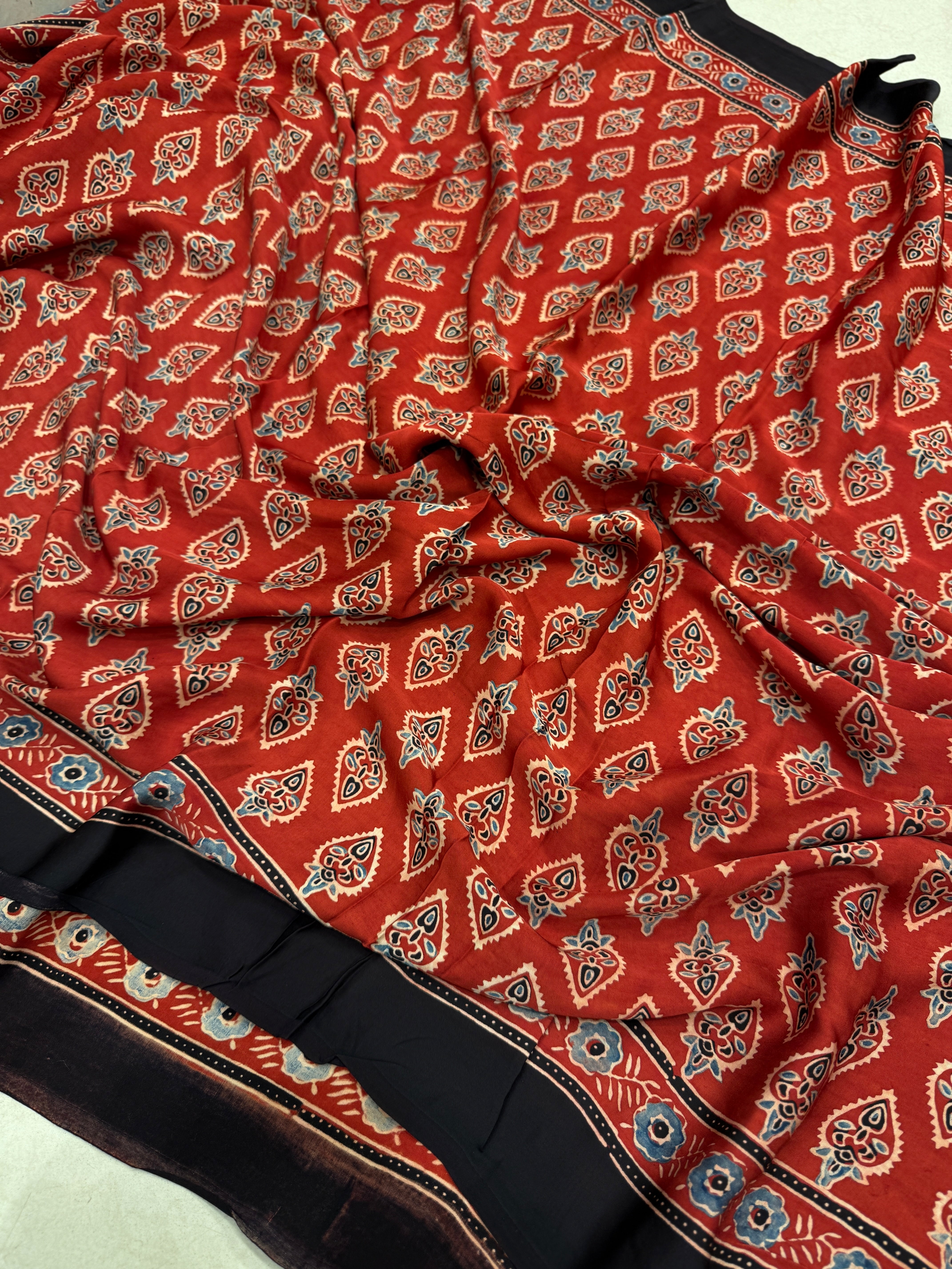 Red Buttis Ajrakh Block Print Hand Pure Gajji Silk Saree