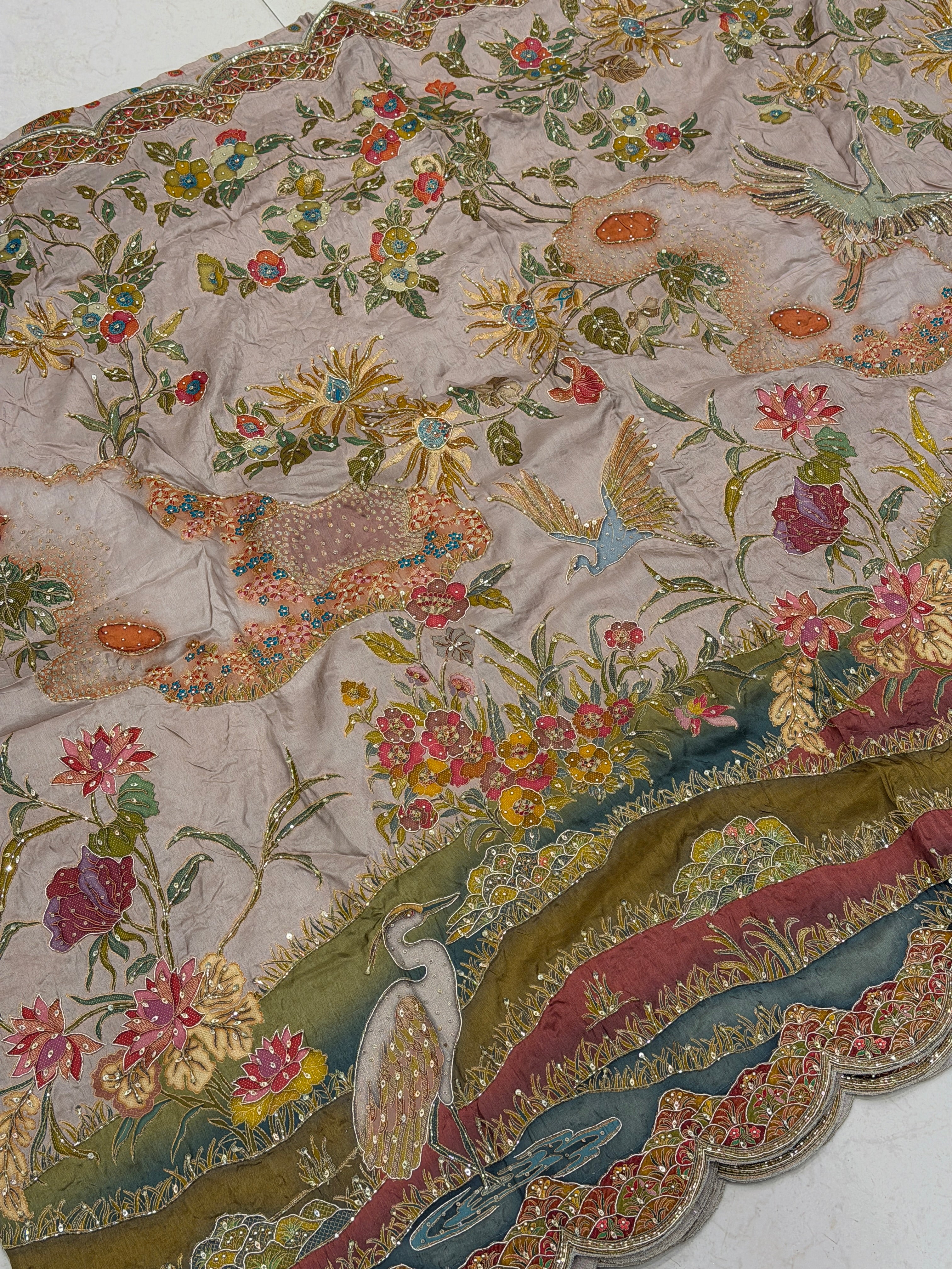 Champagne Munga Landscape Hand Embroidery Saree