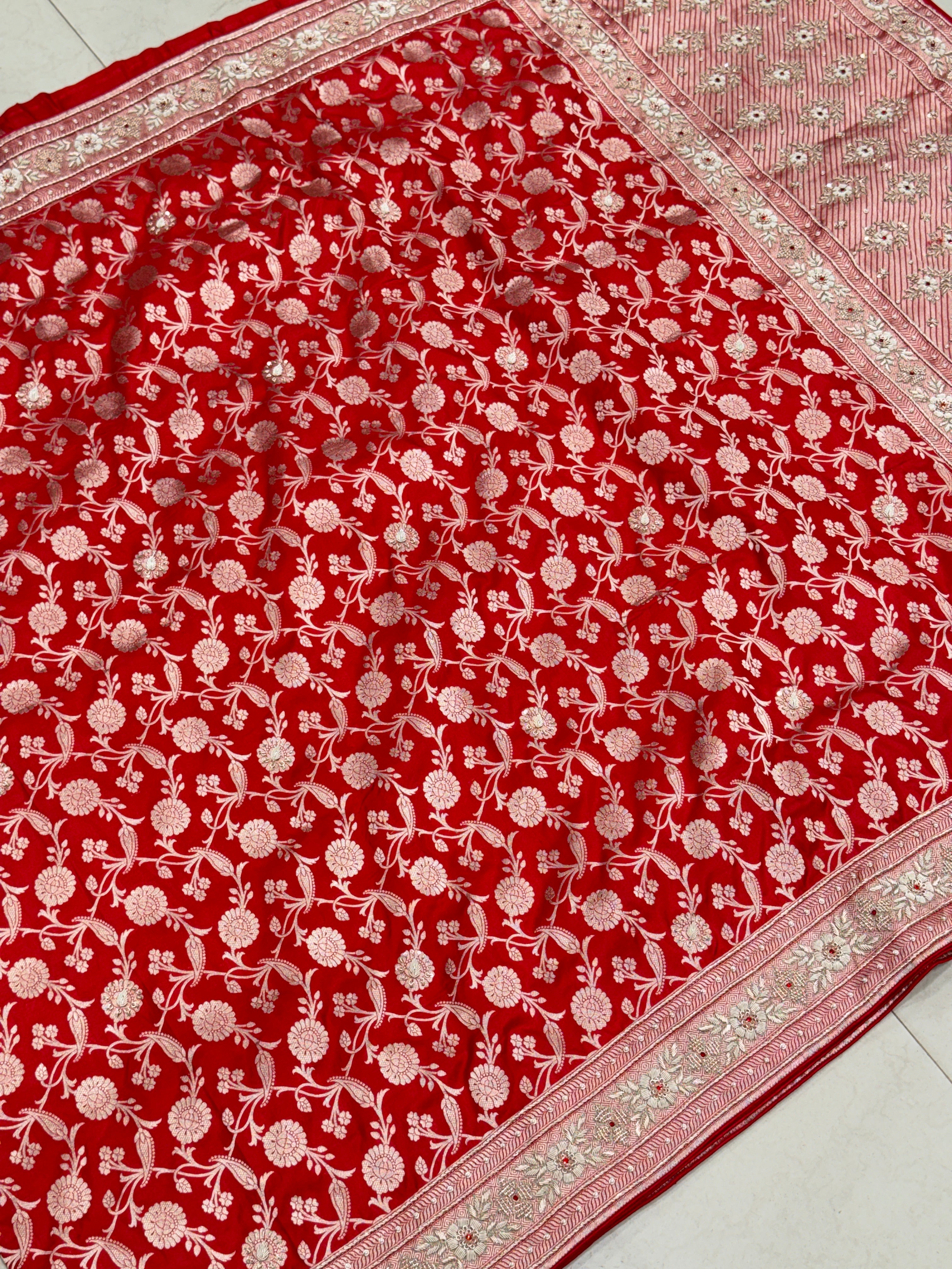 Red Jaal Handloom Banarasi Pure Katan Crystal Zardosi Embroidery Saree