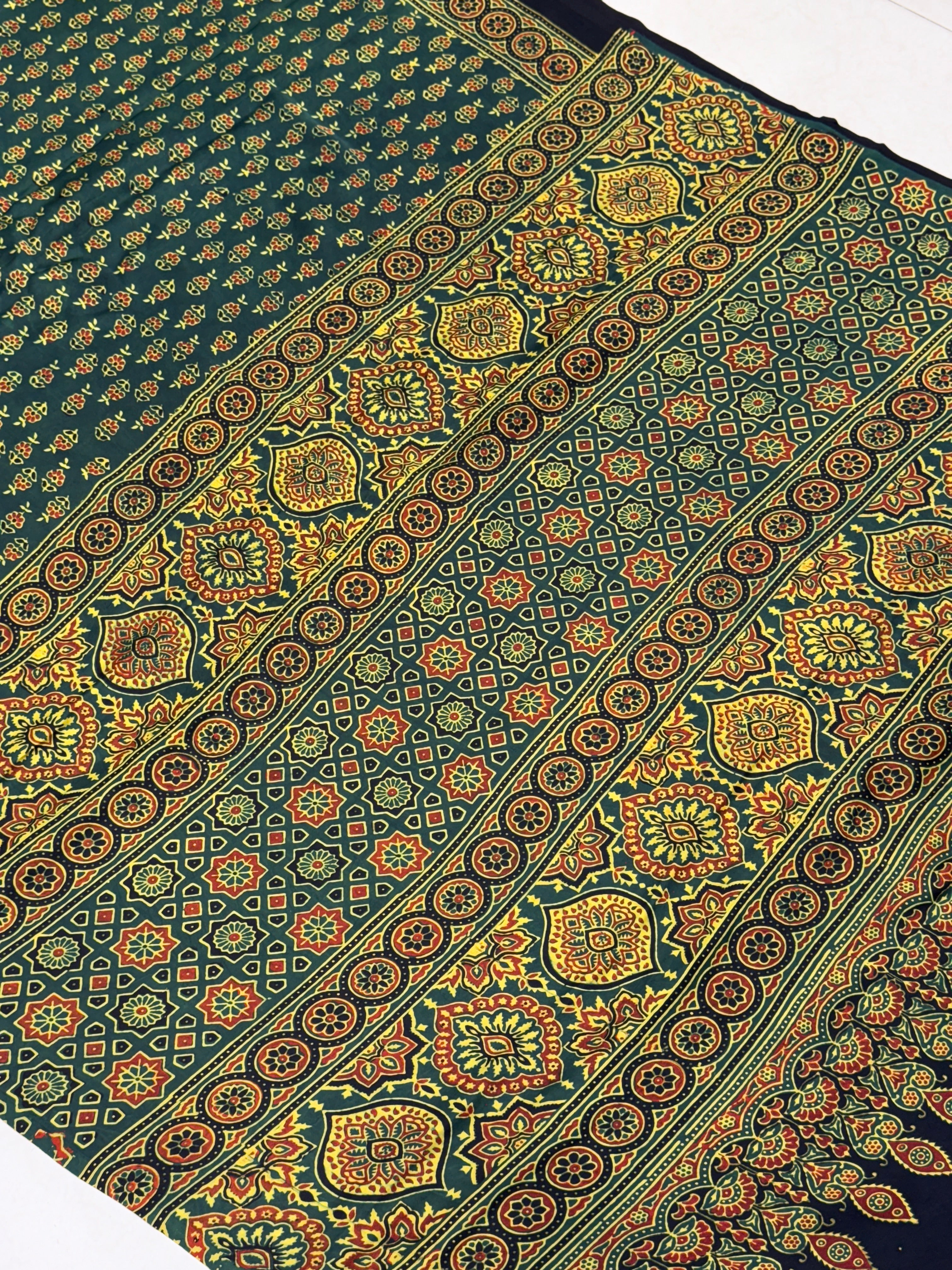Green Floral Butti Ajrakh Modal Gajji Silk Saree