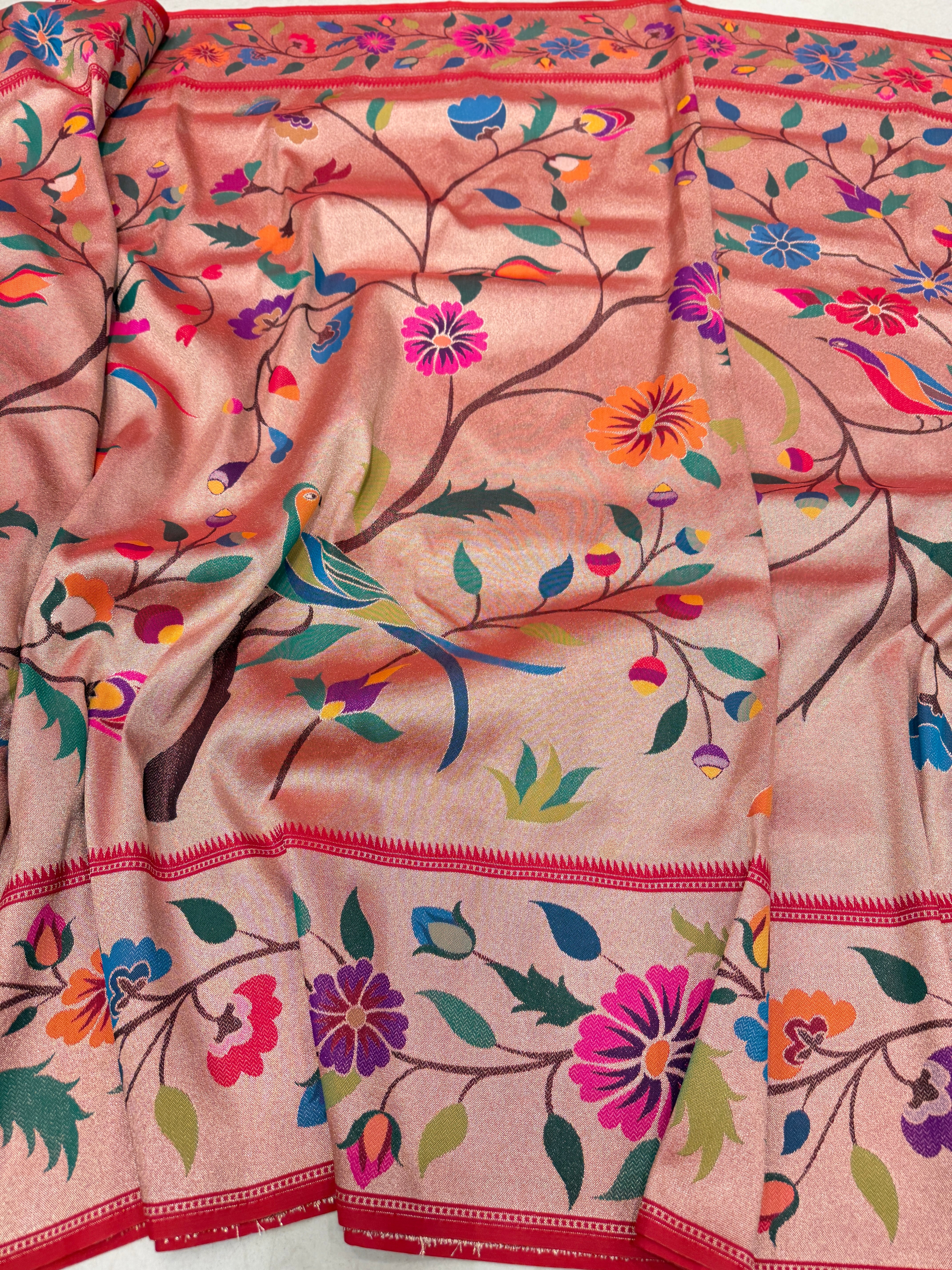 Golden Red Tissue Silk Paithani Meenakari Jaal Saree