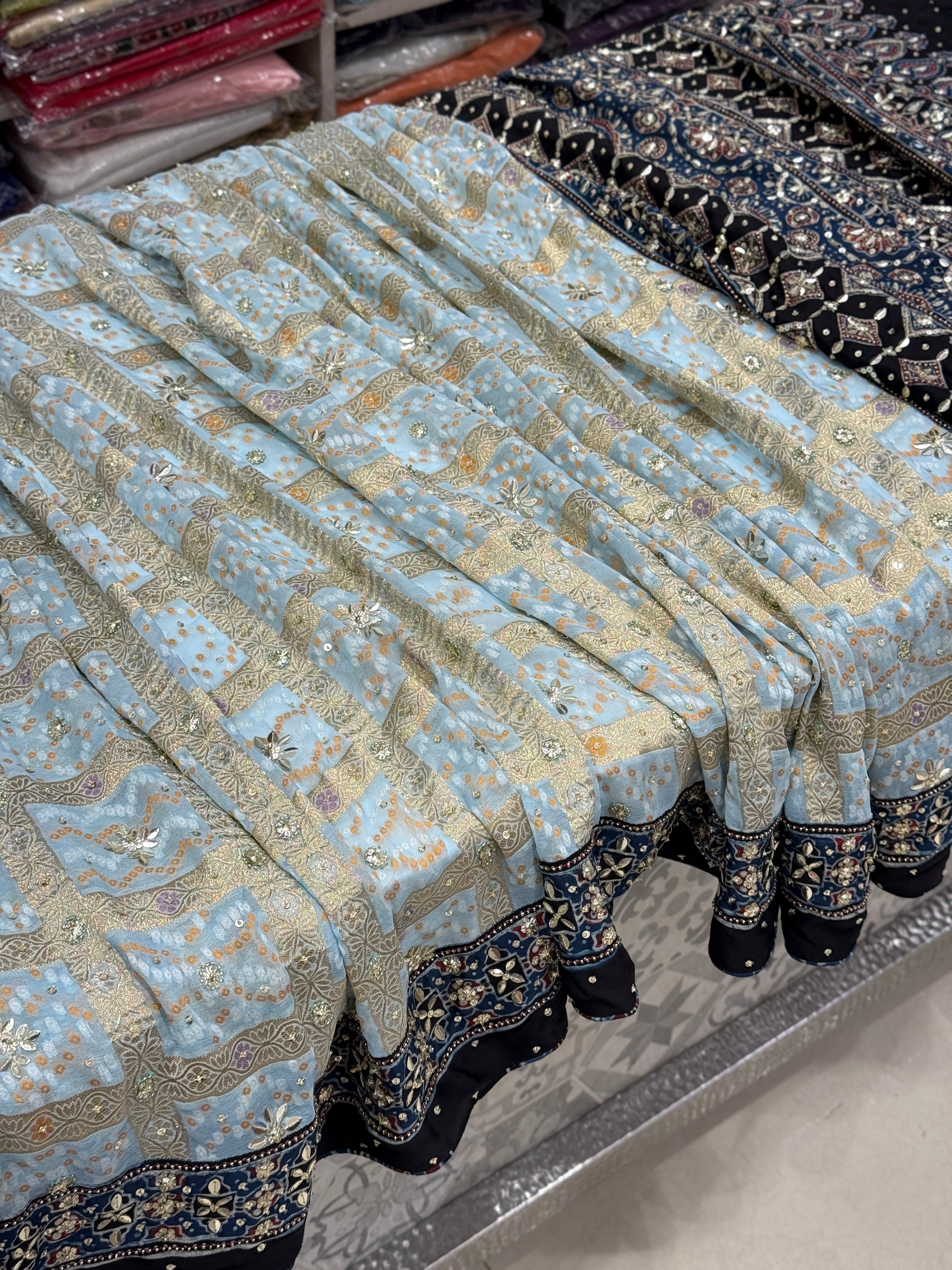 Light Blue Gharchola Ajrakh Hand Embroidery Saree