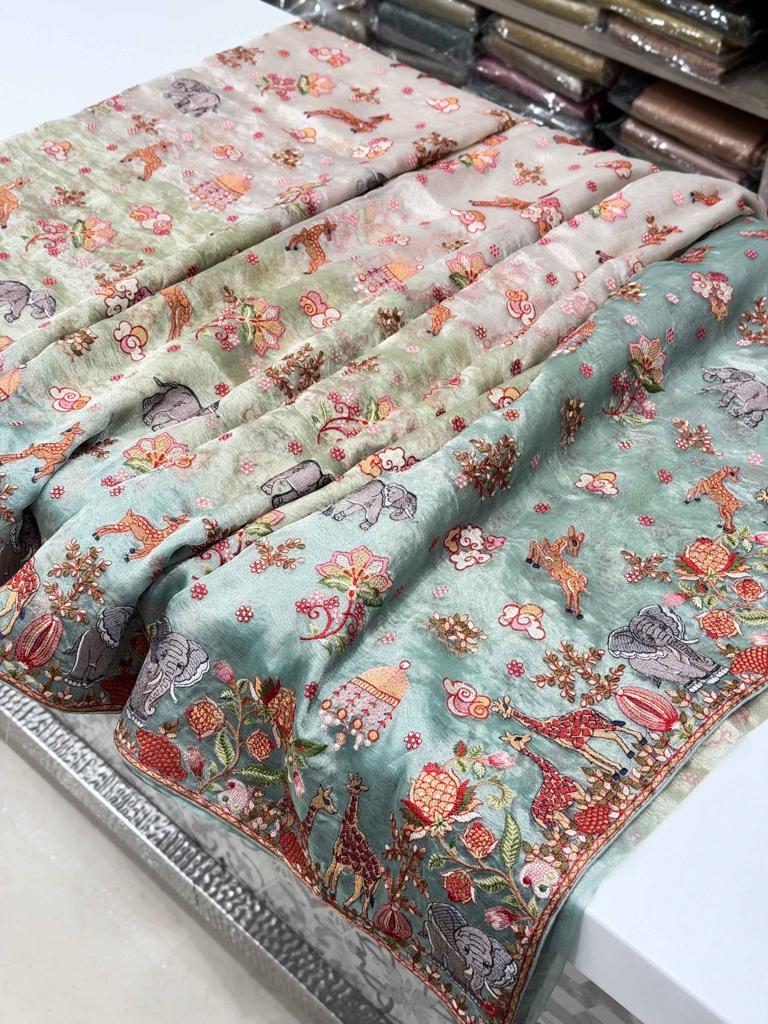 Nita Ambani Vantara Inspired Jamdani Style Embroidery Tissue Silk Saree