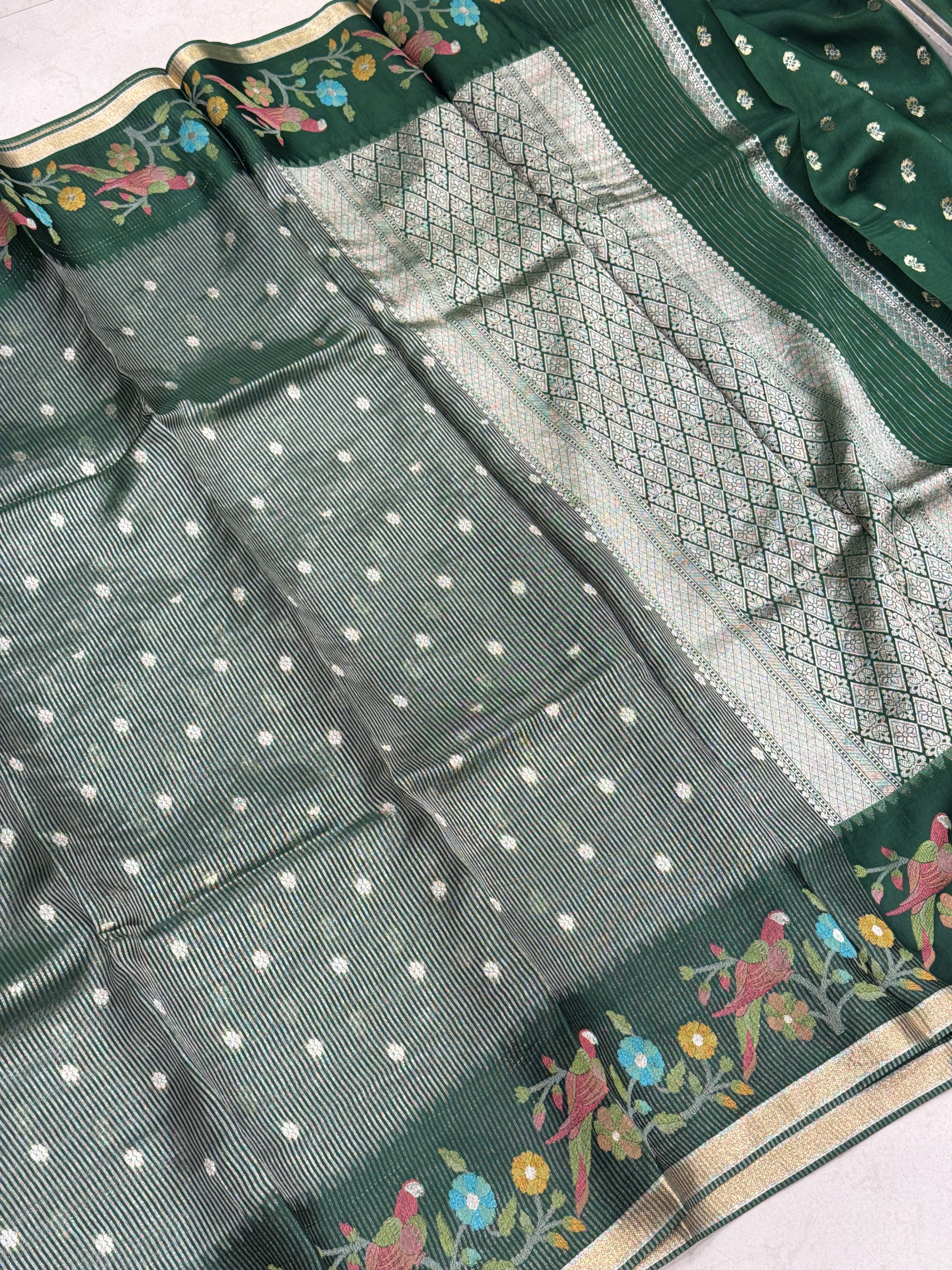 Bottle Green Contemporary Tissue Parsi Petit Point Weaved Saree