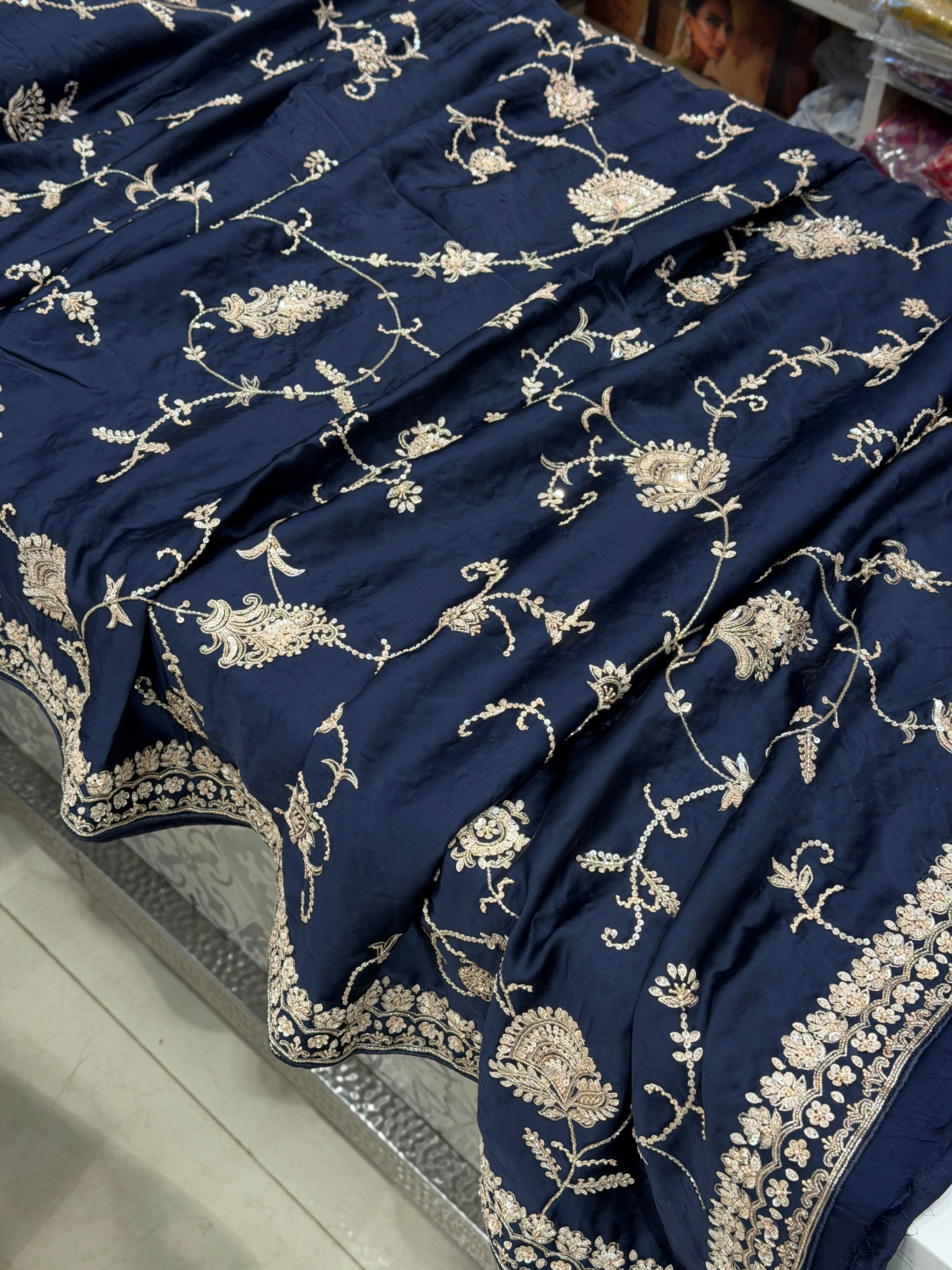 Blue Satin Silk Moti Sequin Jaal Hand Embroidery Saree