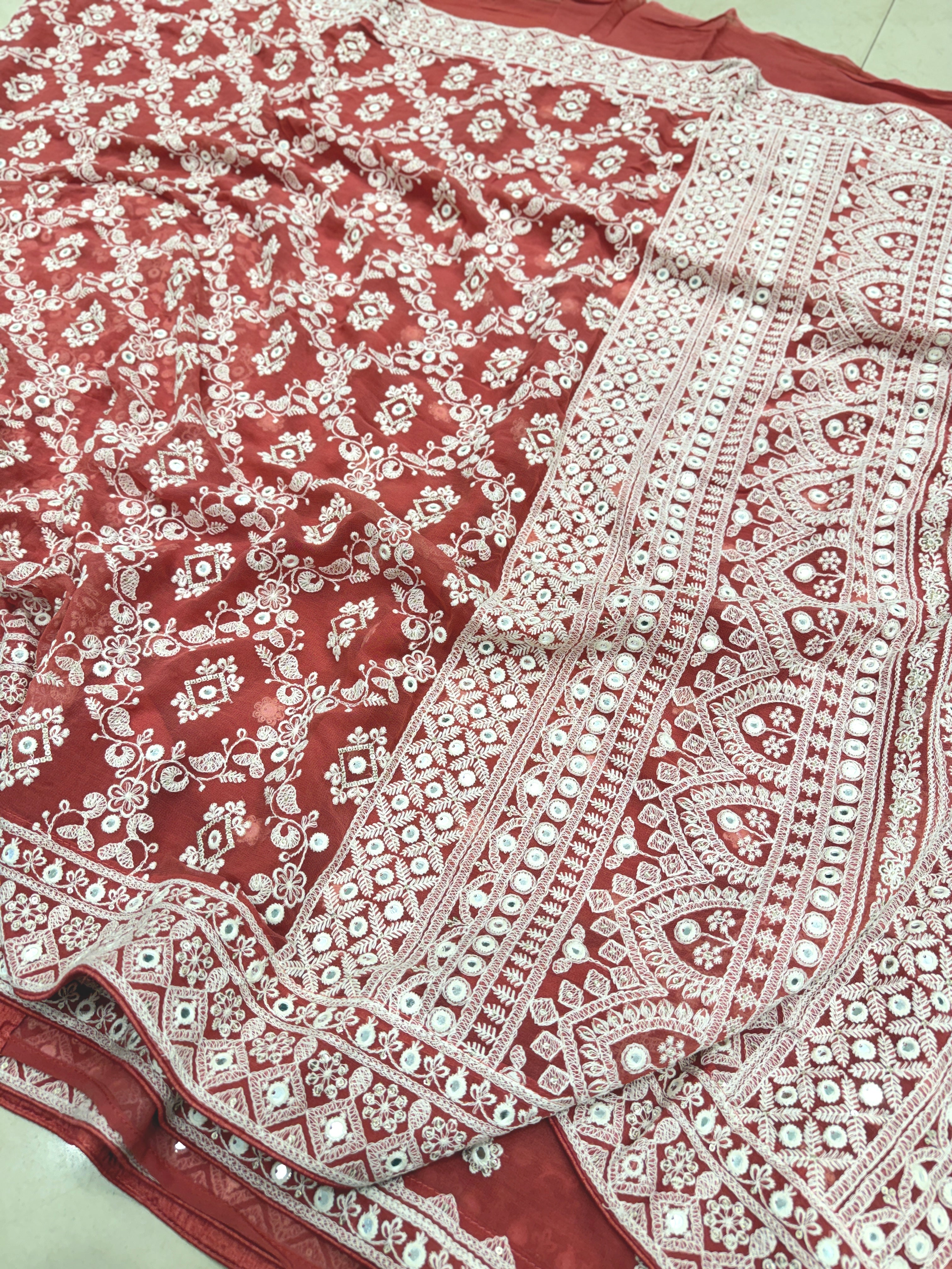 Rust Red Chikankari Jaal Georgette Resham Embroidery Saree
