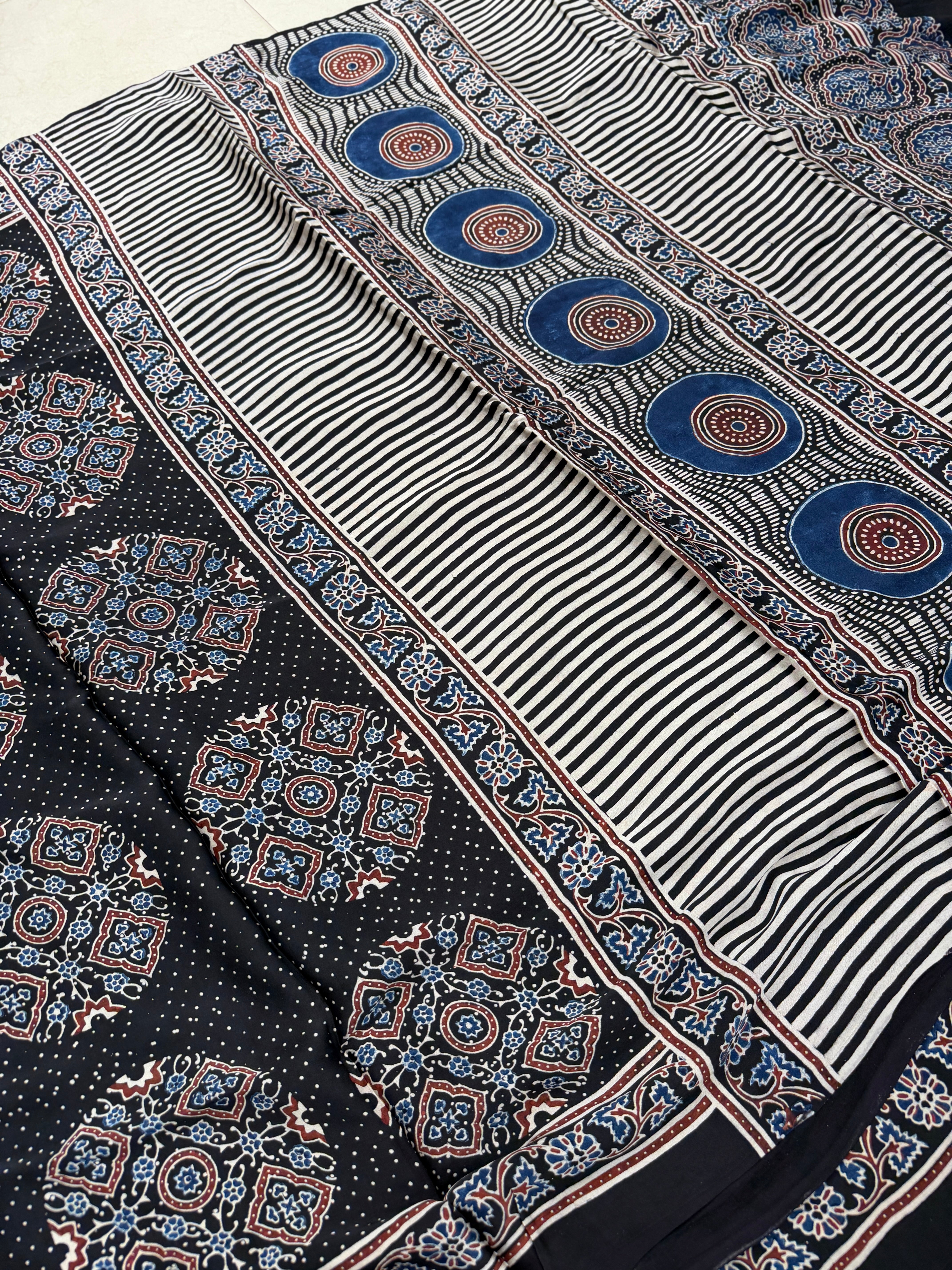 Black Contemporary Ajrakh Hand Block Print Pure Gajji Silk Saree