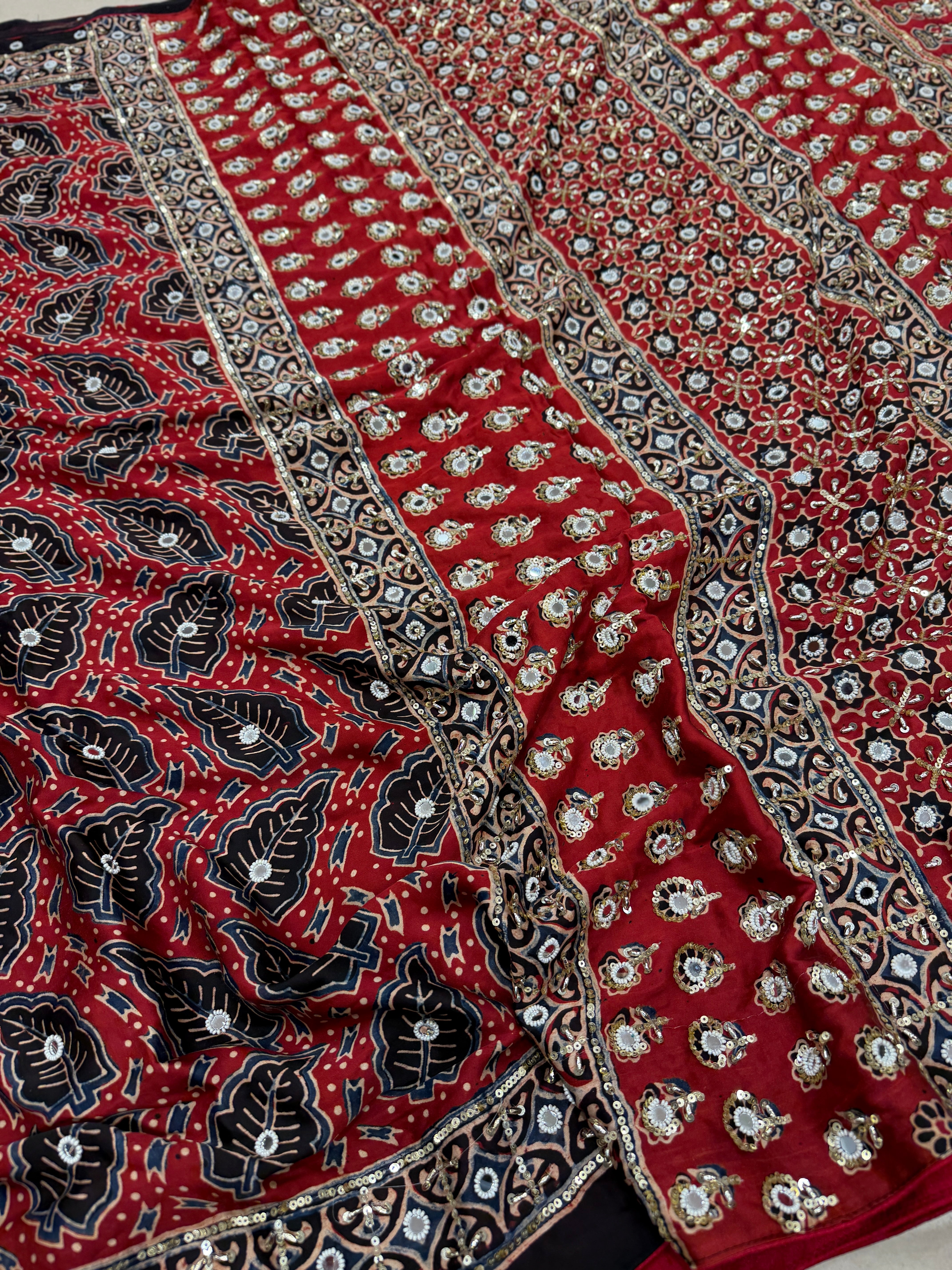 Red Leaf Buttas Ajrakh Real Mirror Moti Sequin Hand Embroidery Saree