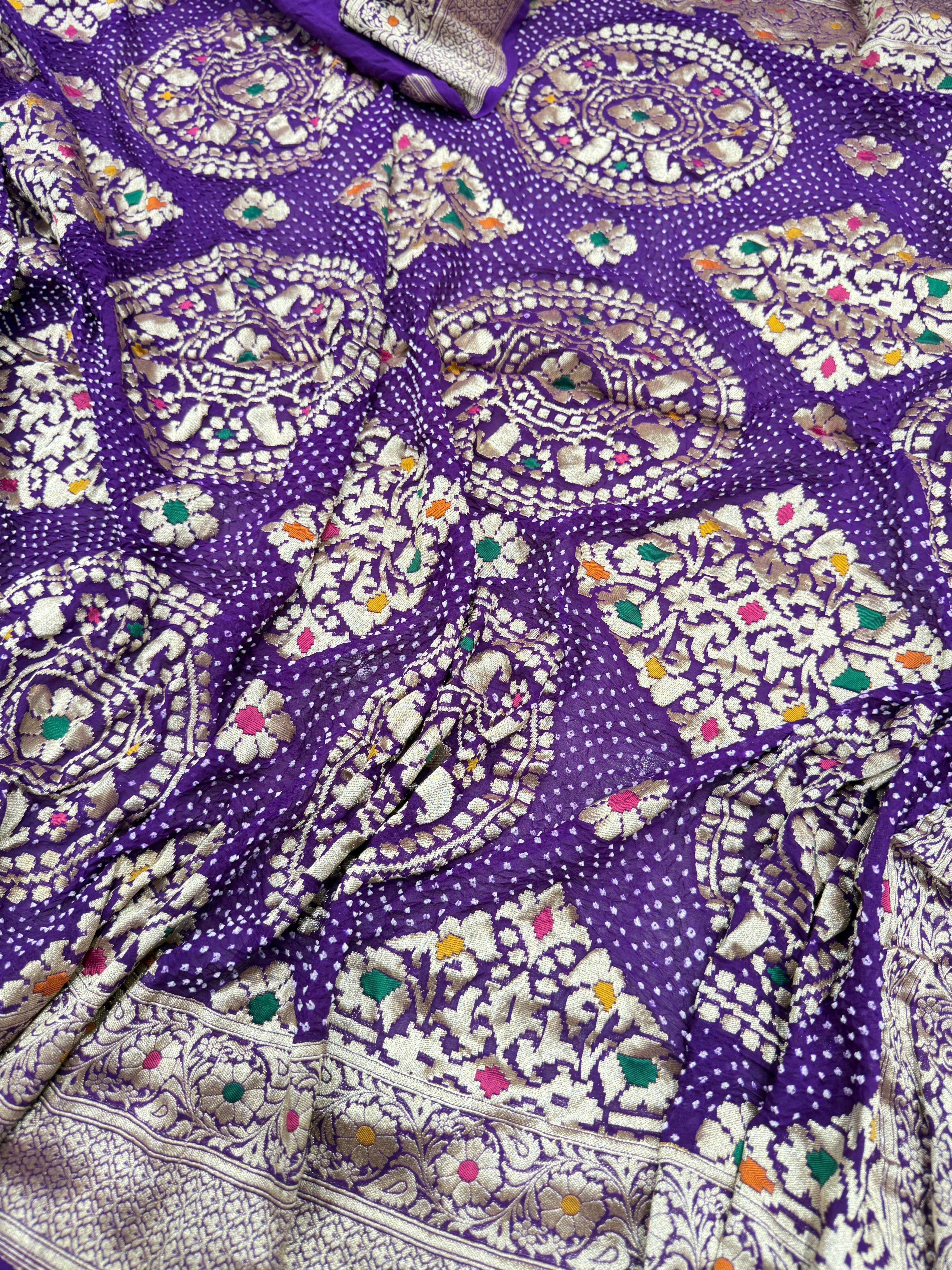 Violet Meenakari Jaal Rai Bandhej Georgette Bandhini Saree