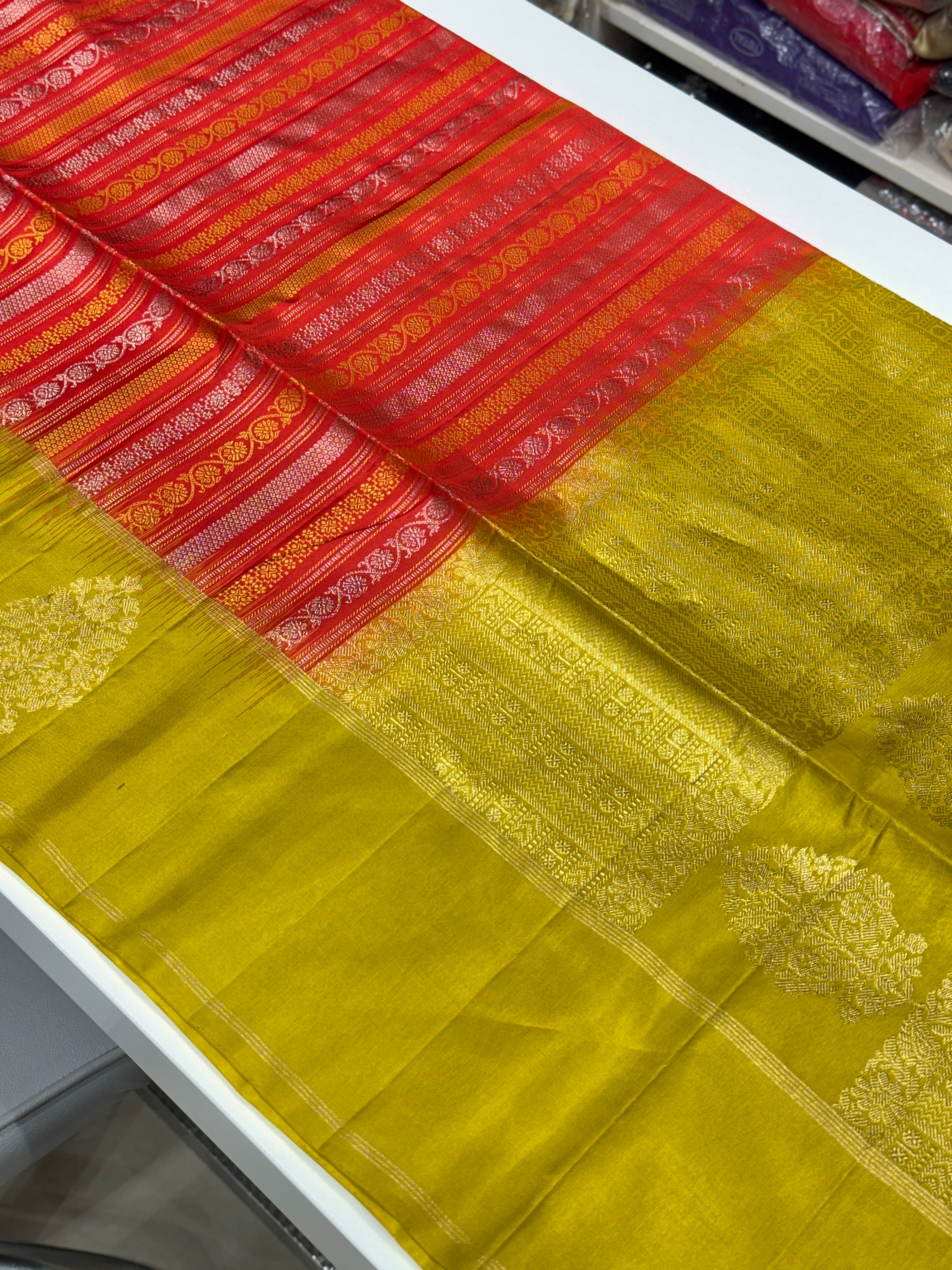 Crimson Mint Green Contemporary Handloom Kanchipuram Pure Silk Saree