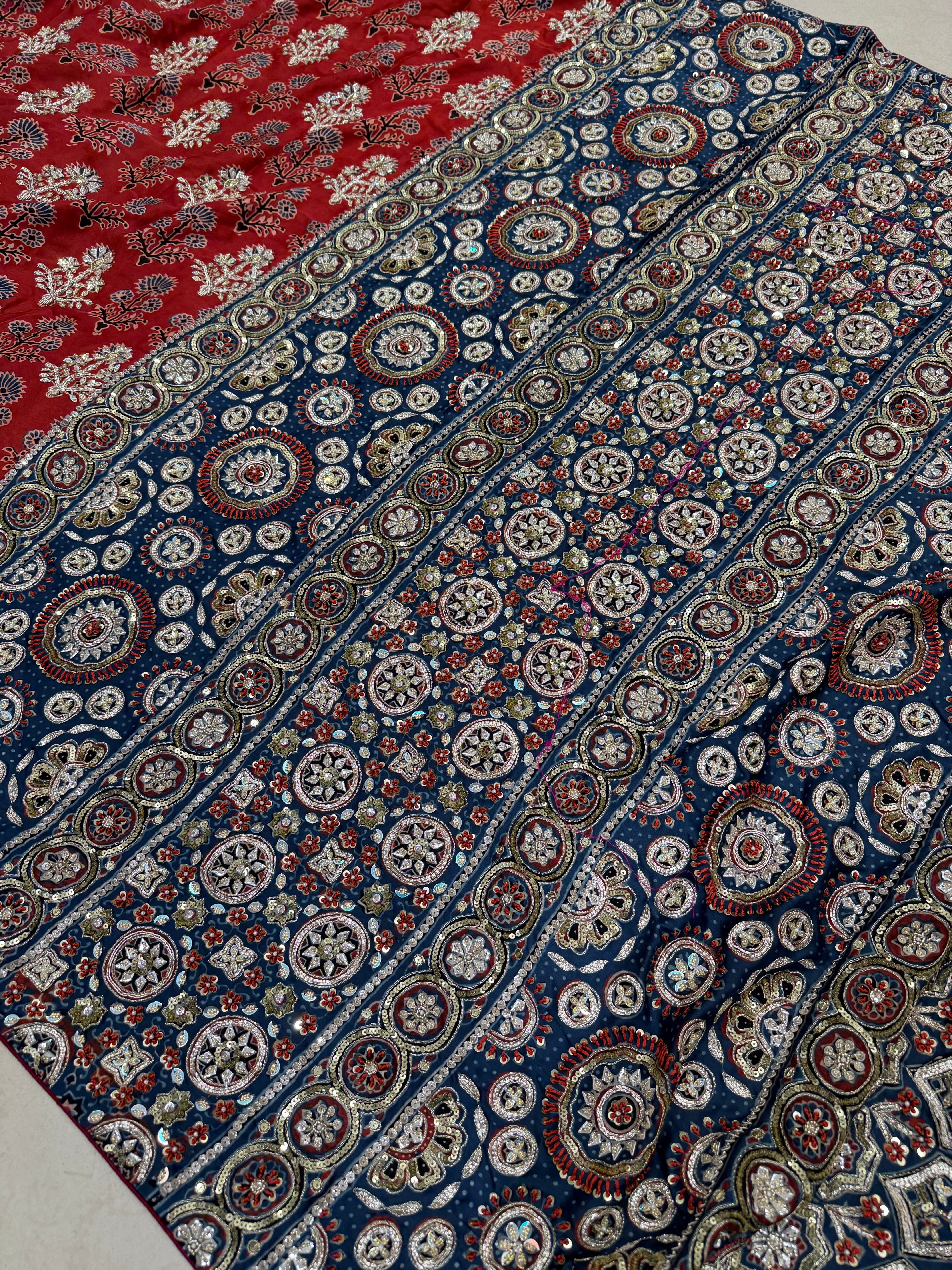 Red Blue Butta Pita Zardosi Sequin Ajrakh Hand Embroidery Saree