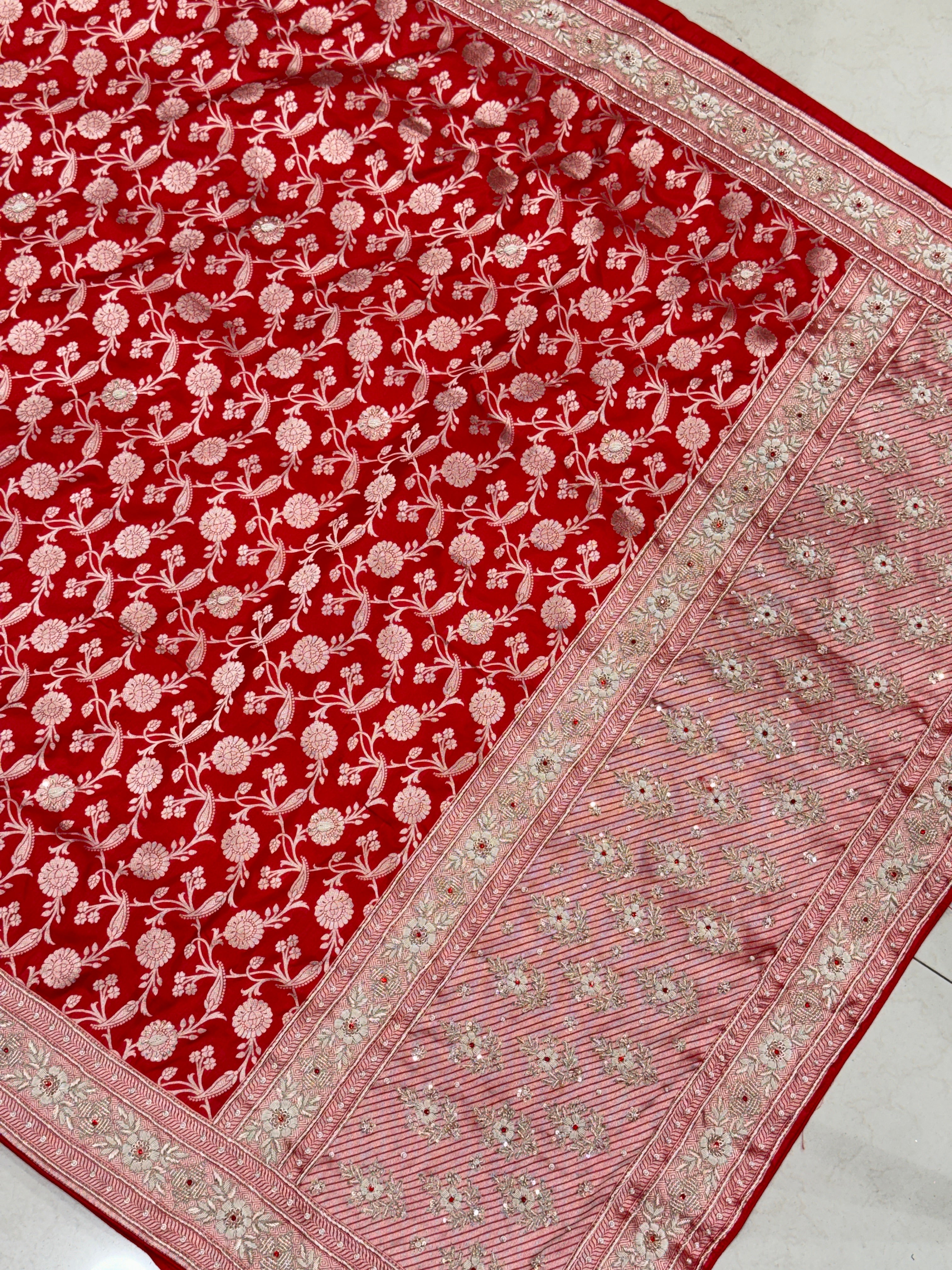 Red Jaal Handloom Banarasi Pure Katan Crystal Zardosi Embroidery Saree