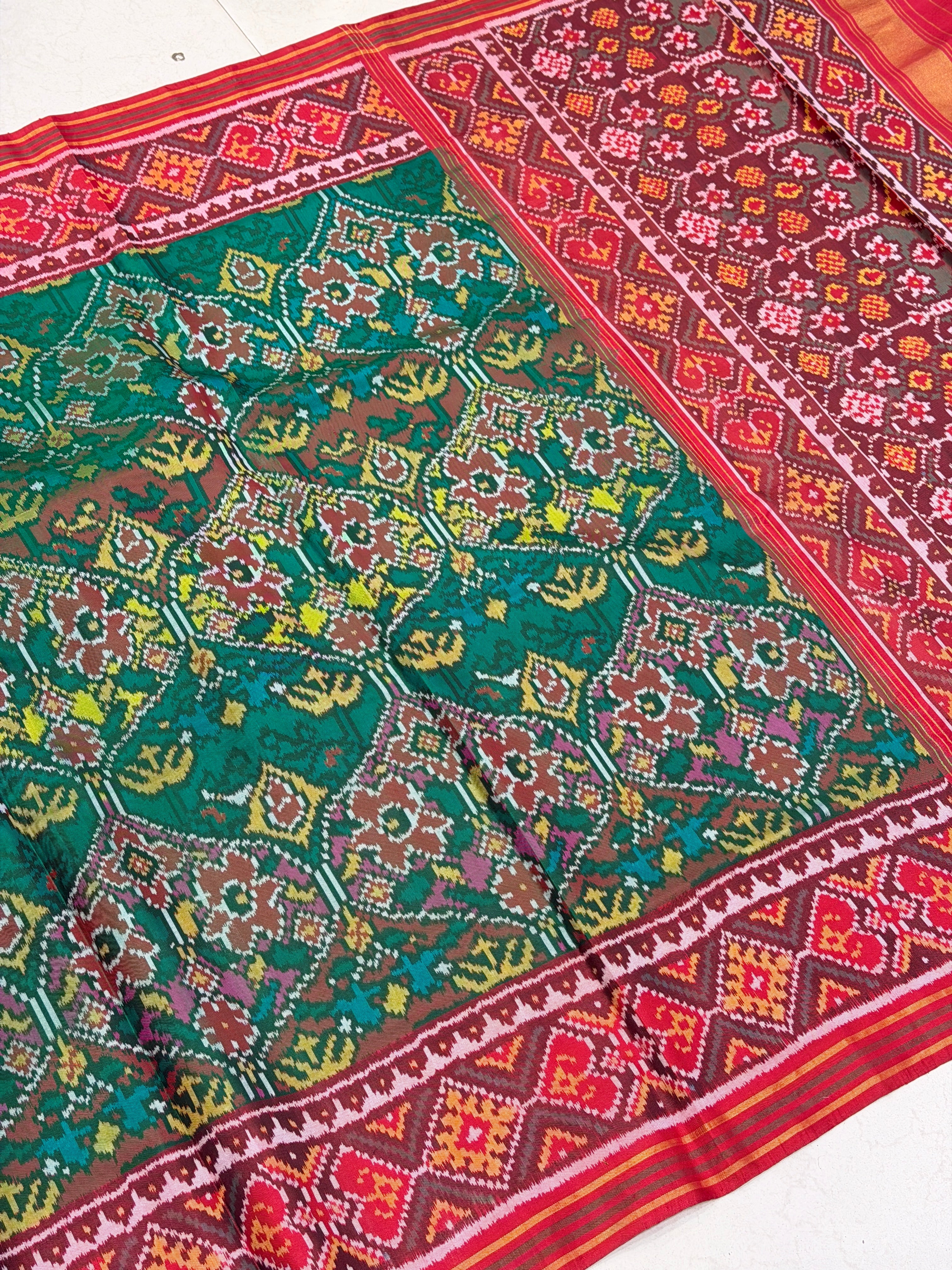 Bottle Green Contemporary Patan Patola Handloom Pure Silk Saree