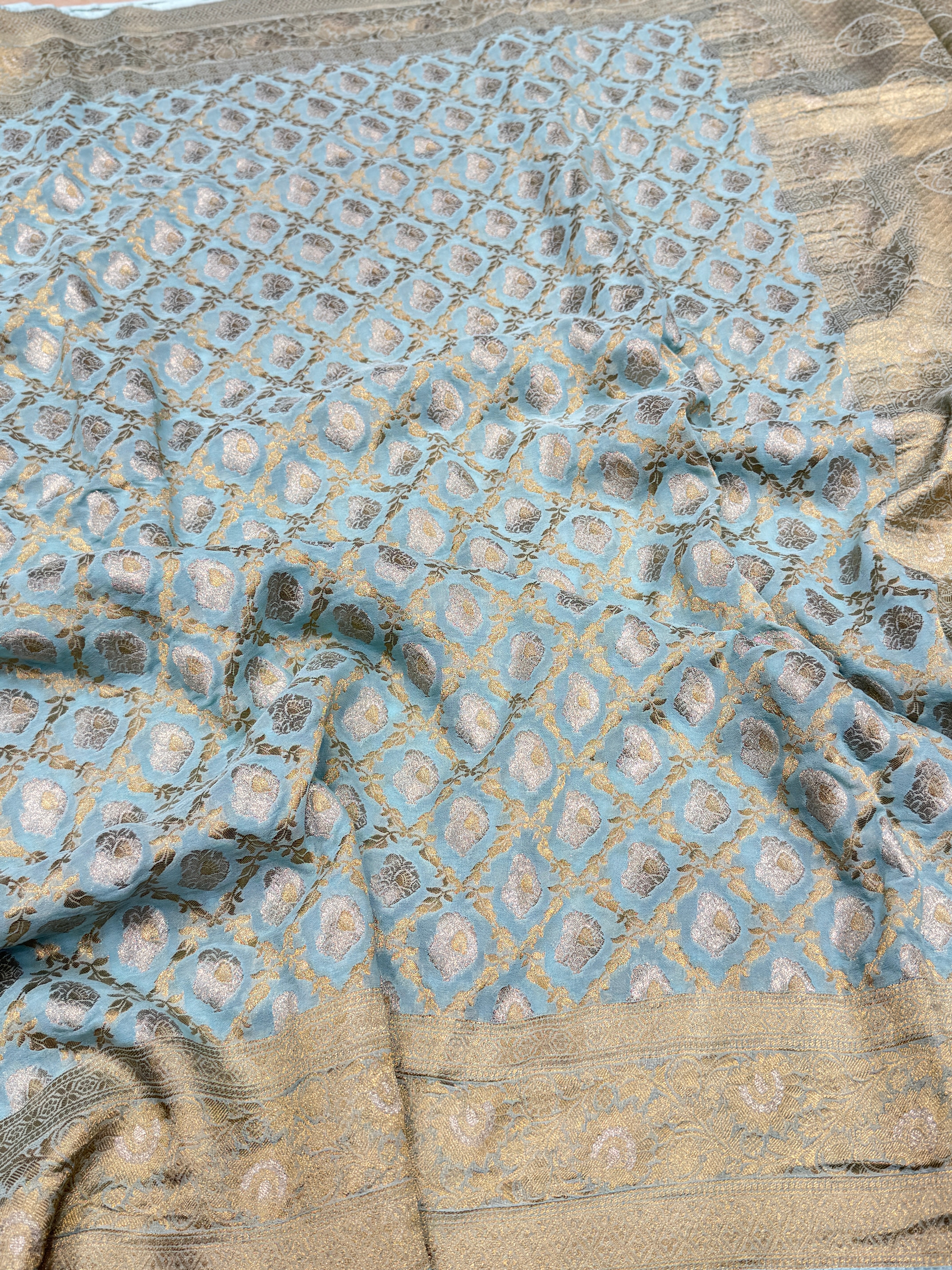 Light Blue Sliver Butta with Gold Georgette Saree