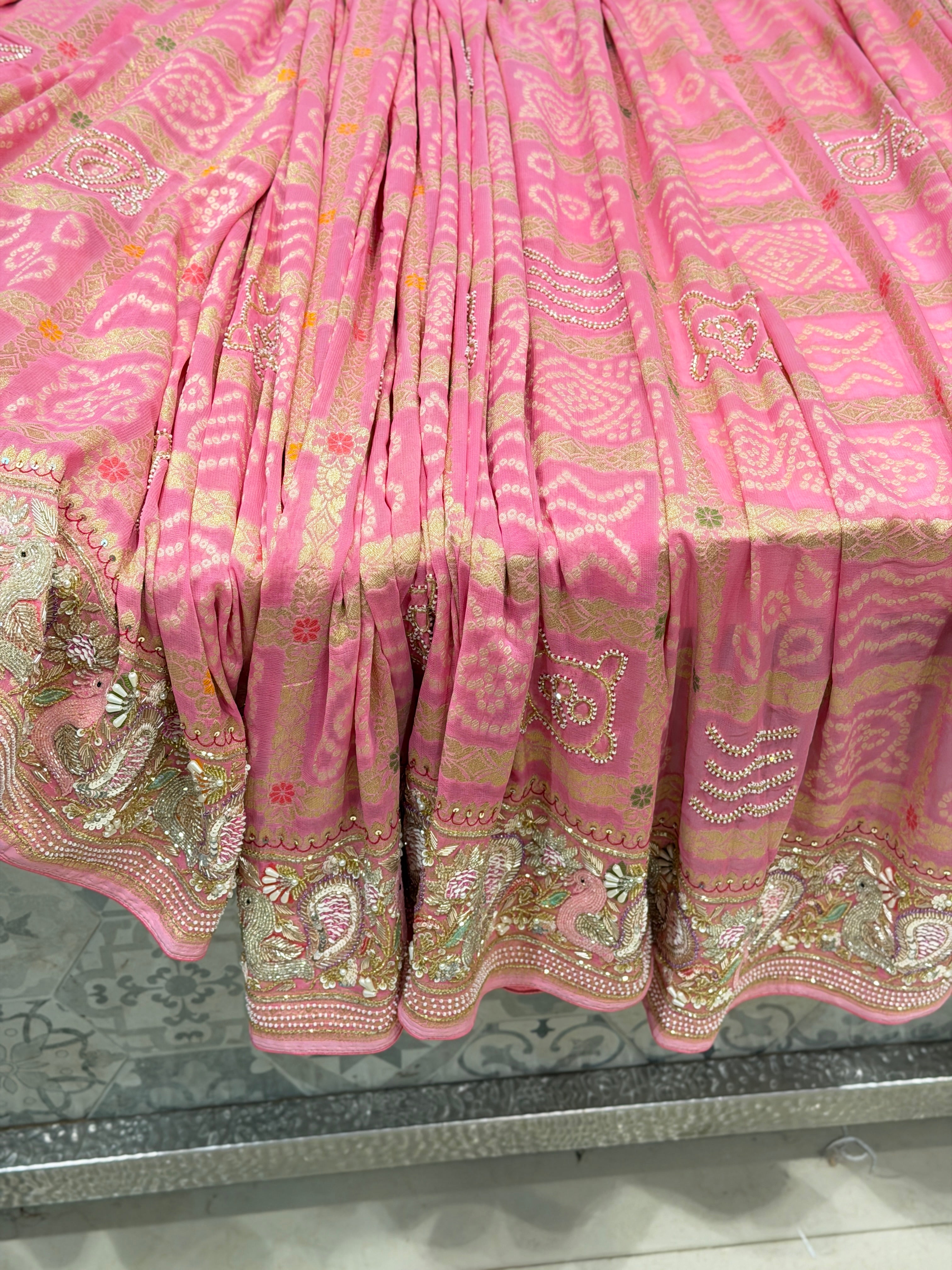 Pink Gharchola Moti Sequin Zardosi Hand Embroidery Georgette Saree