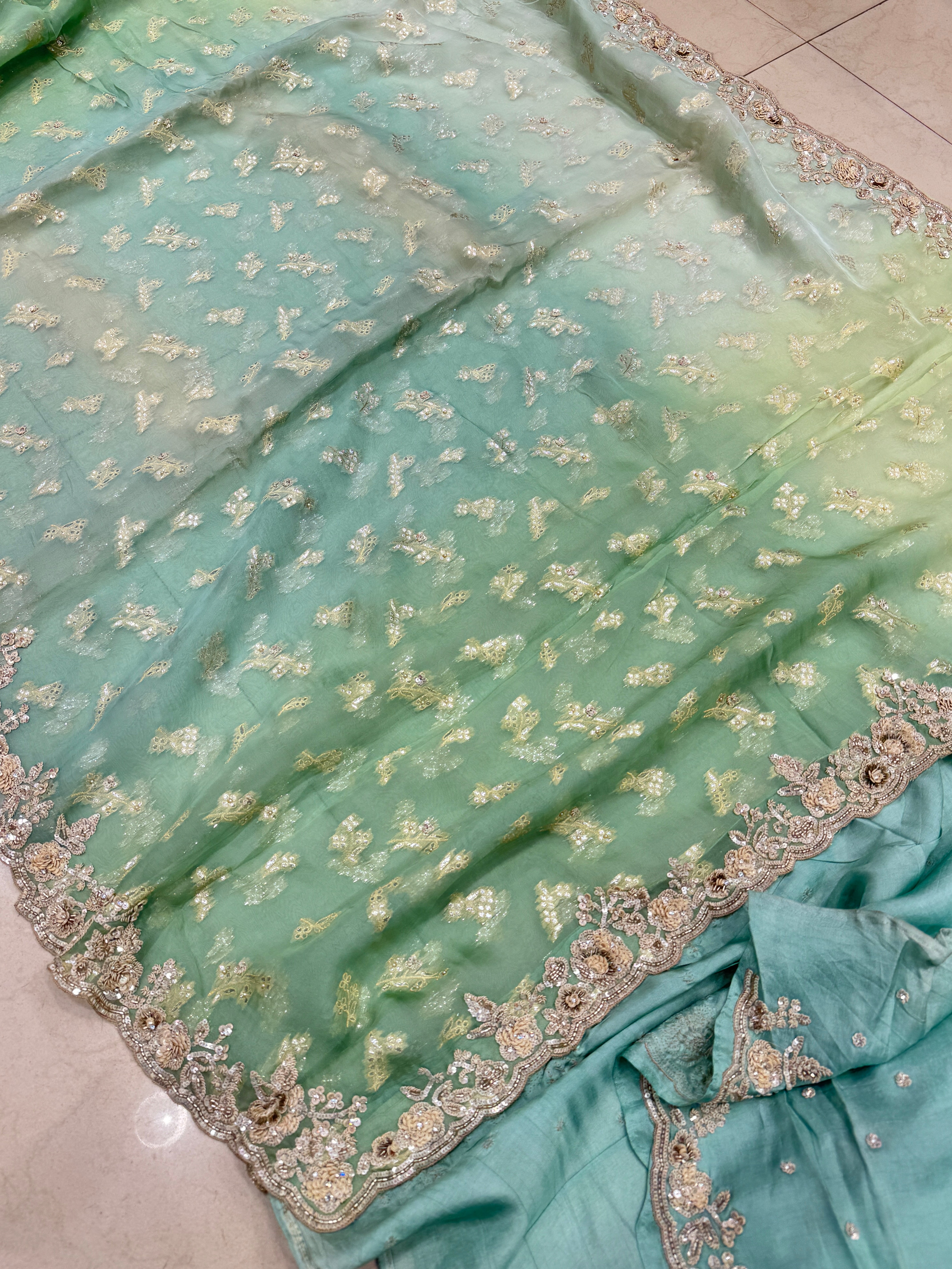 Green Shaded Satin Organza Hand Embroidered Saree