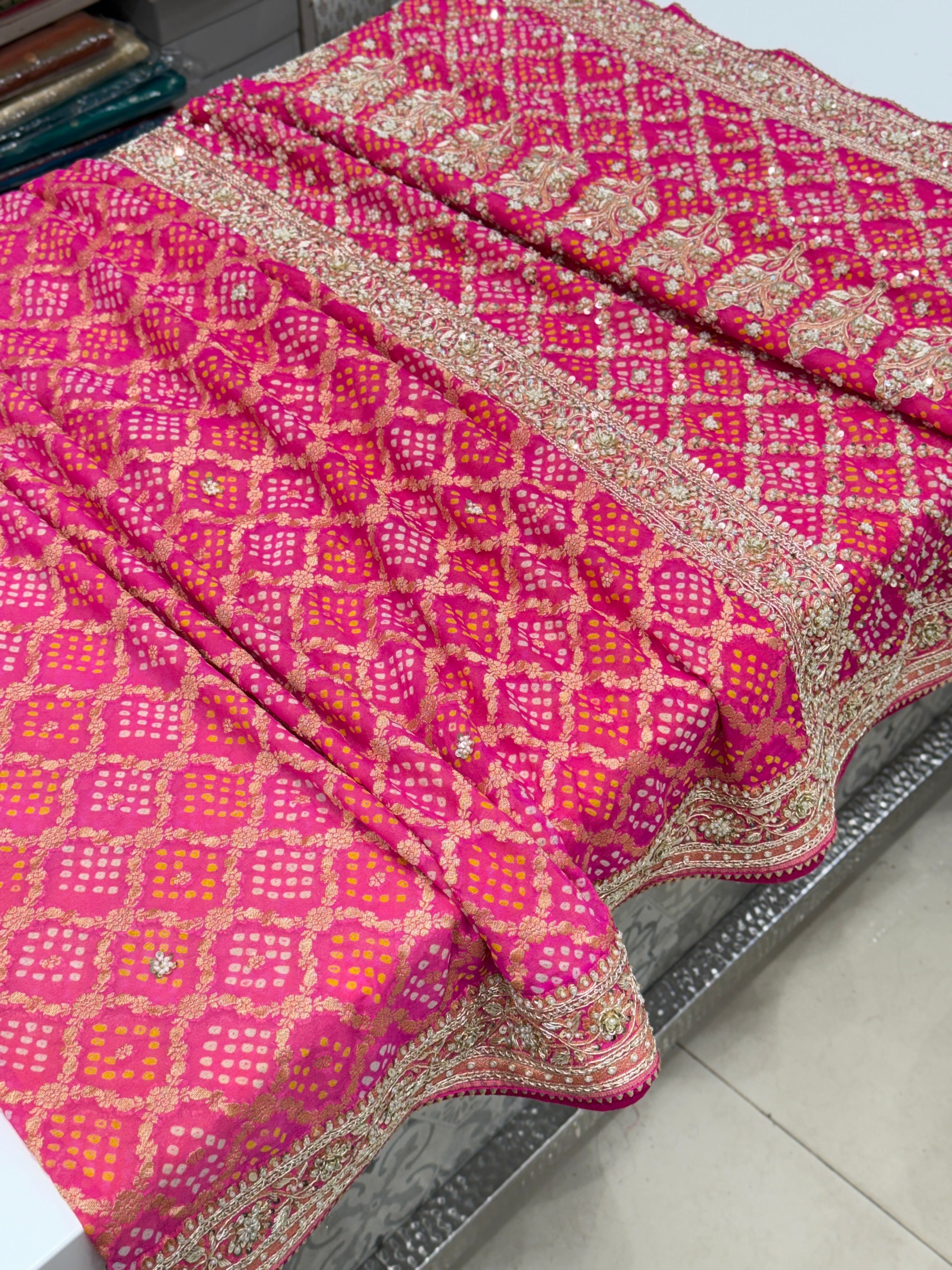 Six Colour Shaded Hand Embroidery Bandhej Saree