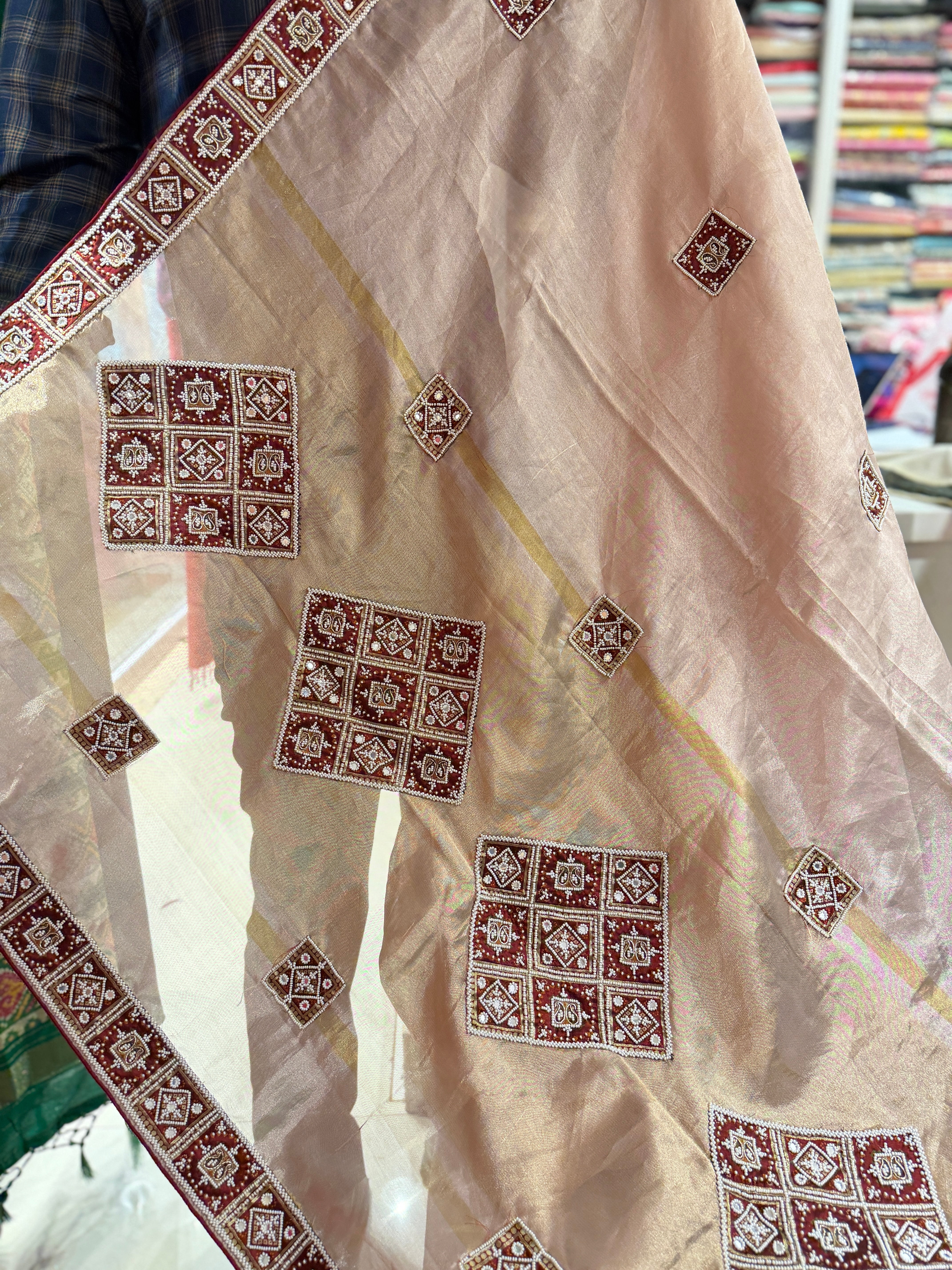 Pink Tissue Banarasi Patola Patch Work Hand Embroidery Saree