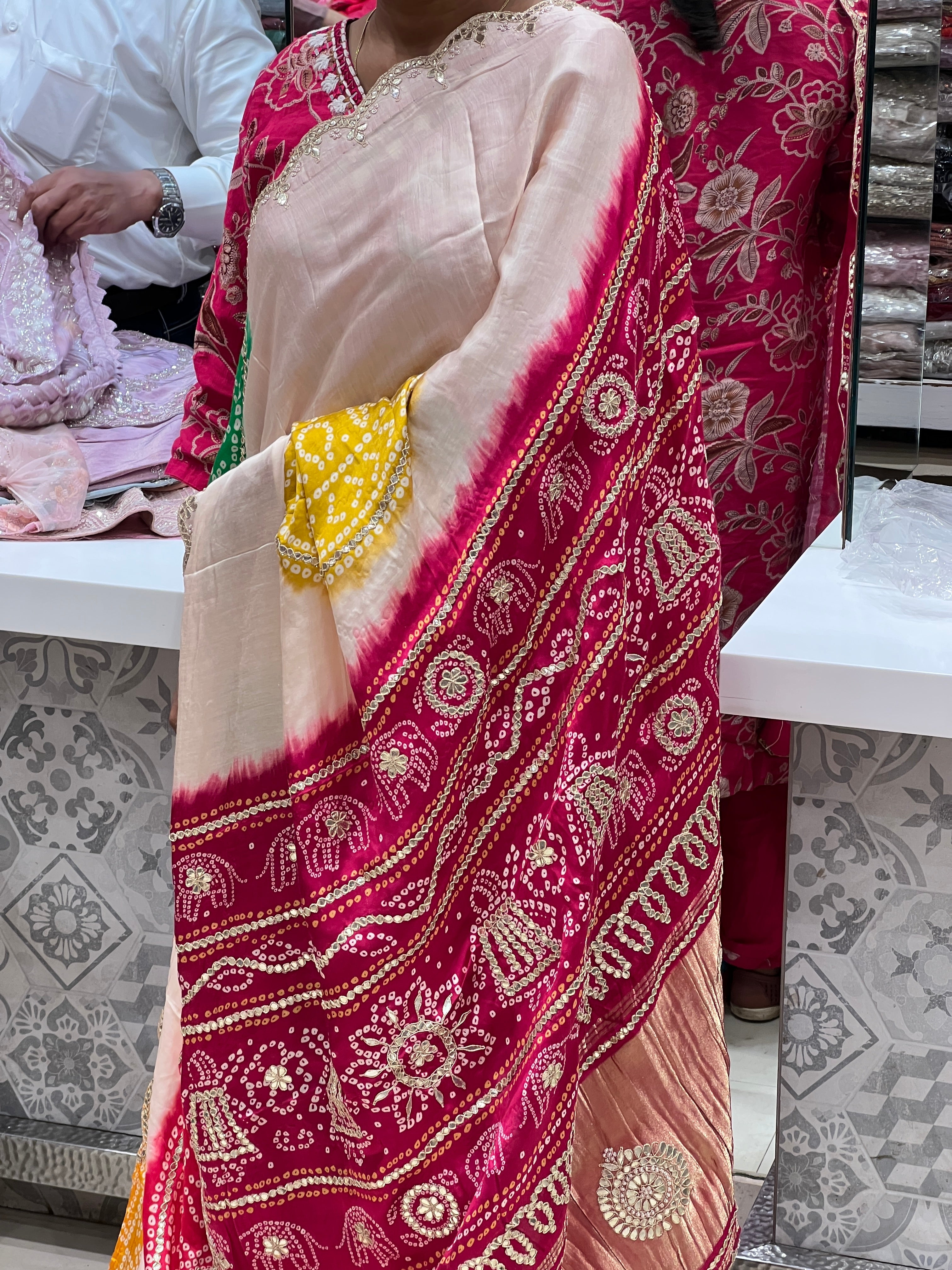 Moti White Gajji Silk Gotapatti Saree