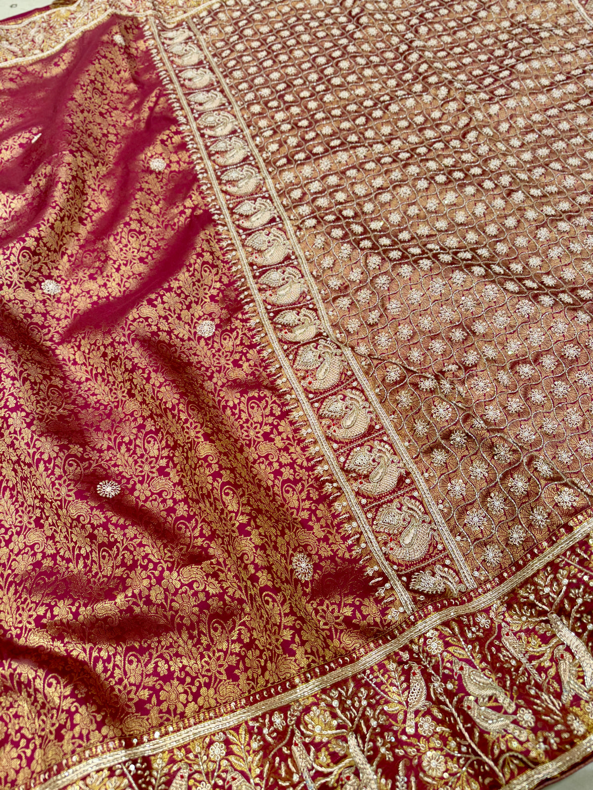 Maroonish Wine Kanjivaram Landscape Zardosi Hand Embroidery Saree