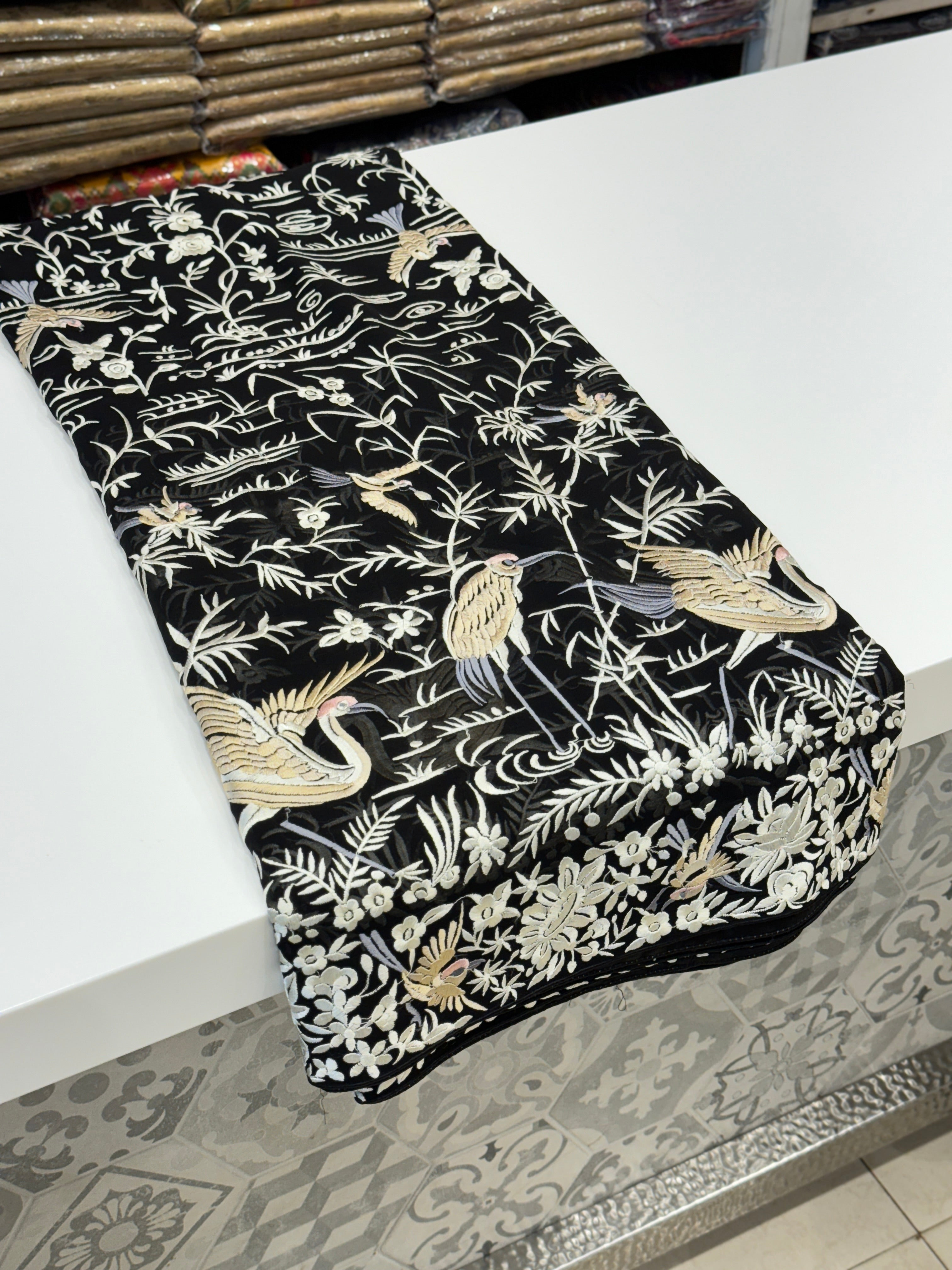 Black Parsi Gara Flying Flamingo Georgette Saree
