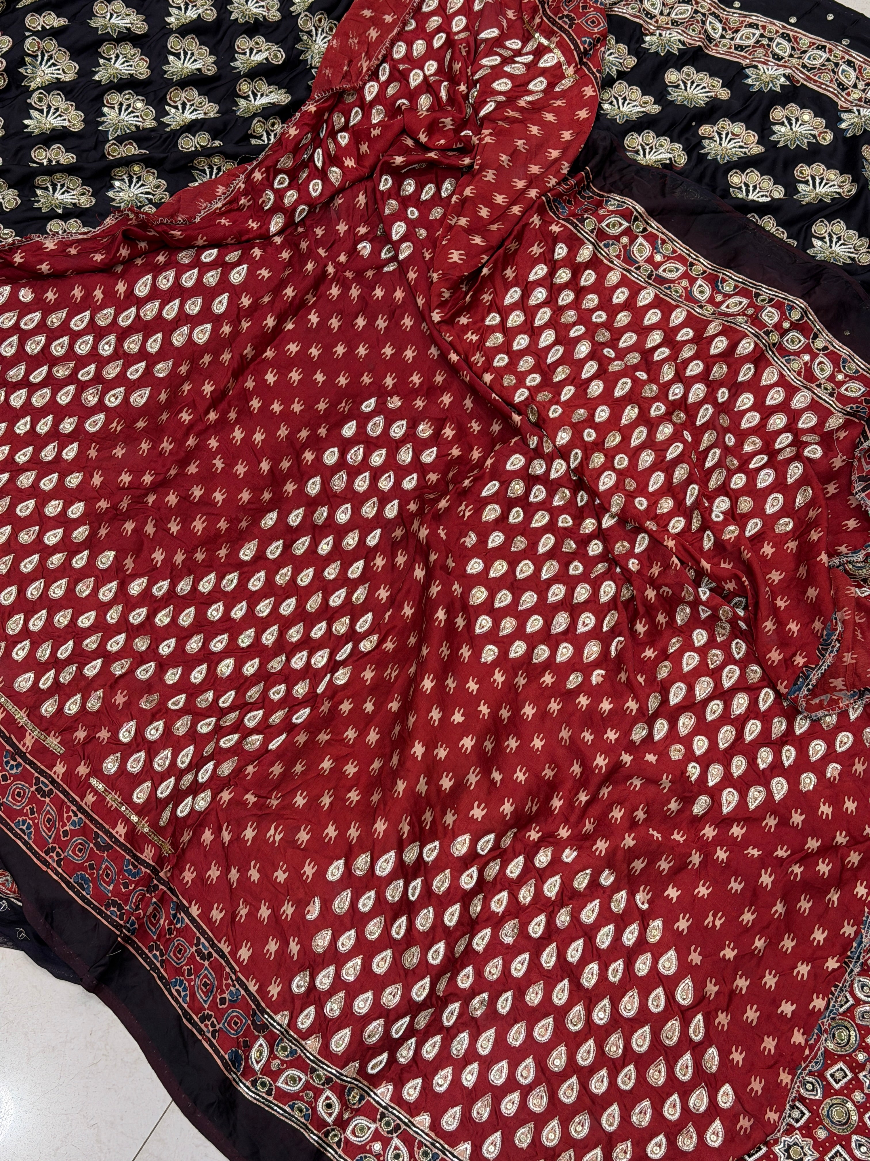 Black Butta Red Pallu Pita Sequin Moti Ajrakh Hand Embroidery Saree