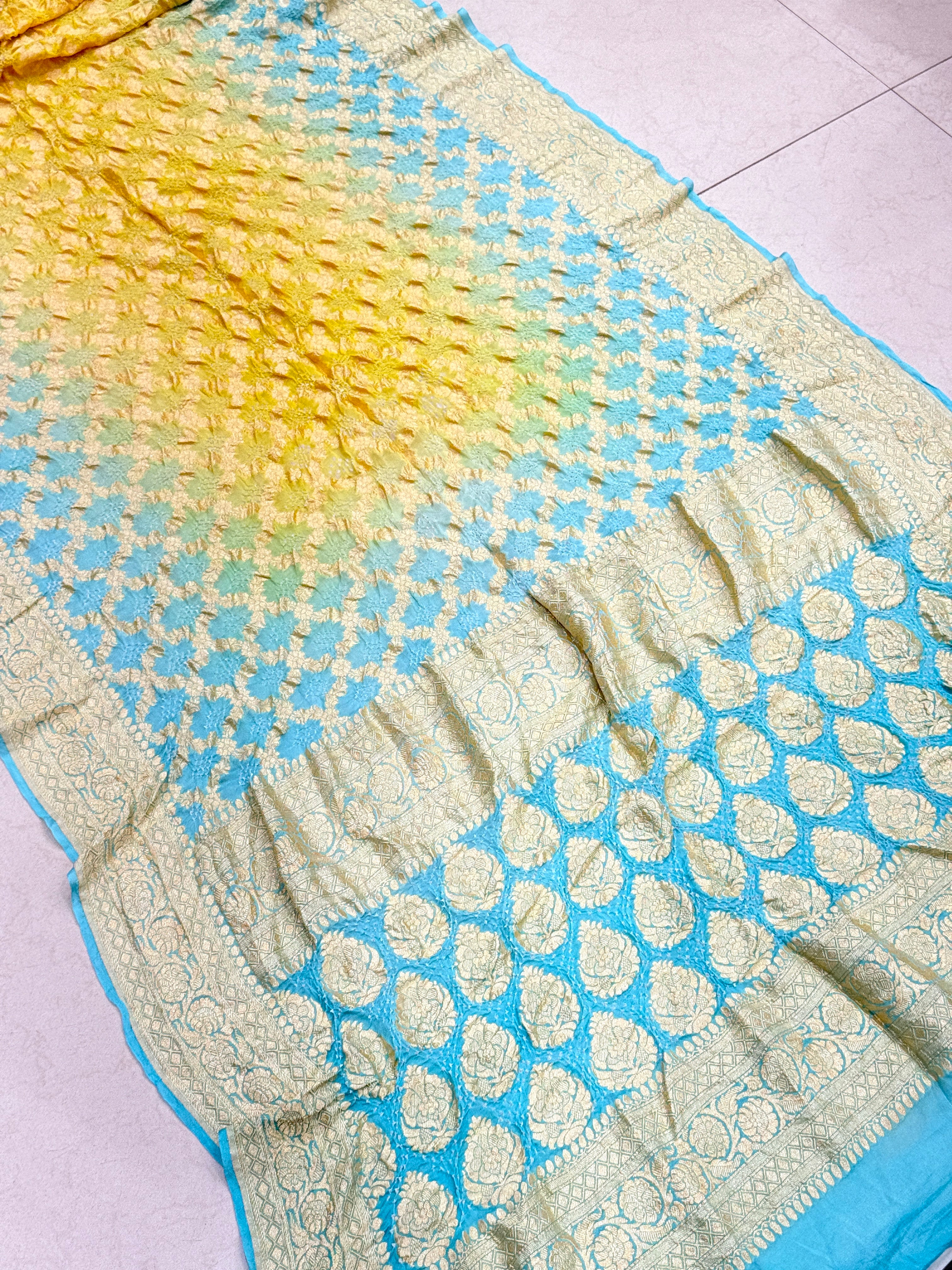 Light Blue Yellow Shaded Bandhej Bandhini Saree