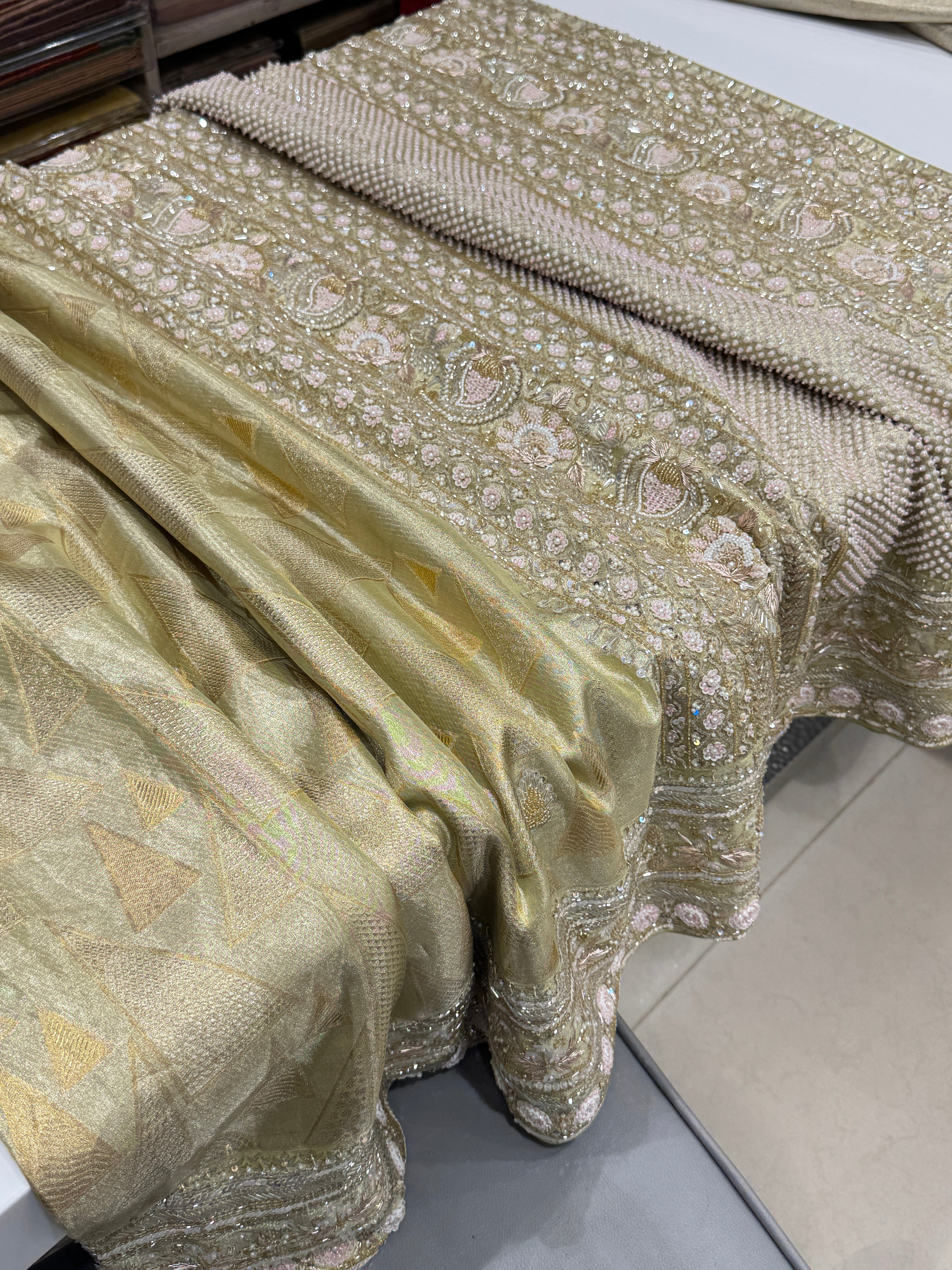 Green Contemporary Tissue Jaal Kanjivaram Hand Embroidery Saree