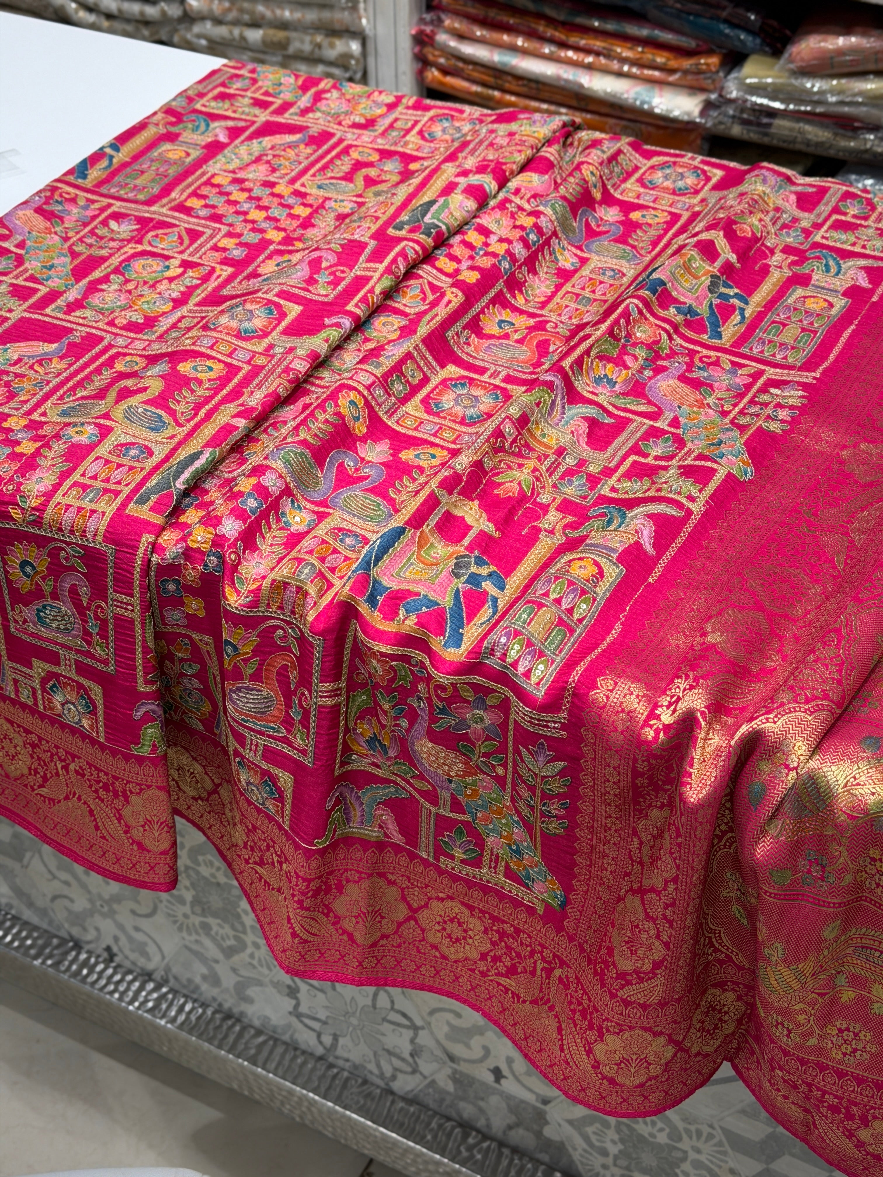 Rani Banarasi Fauna Munga Silk Saree With Pita Embroidery