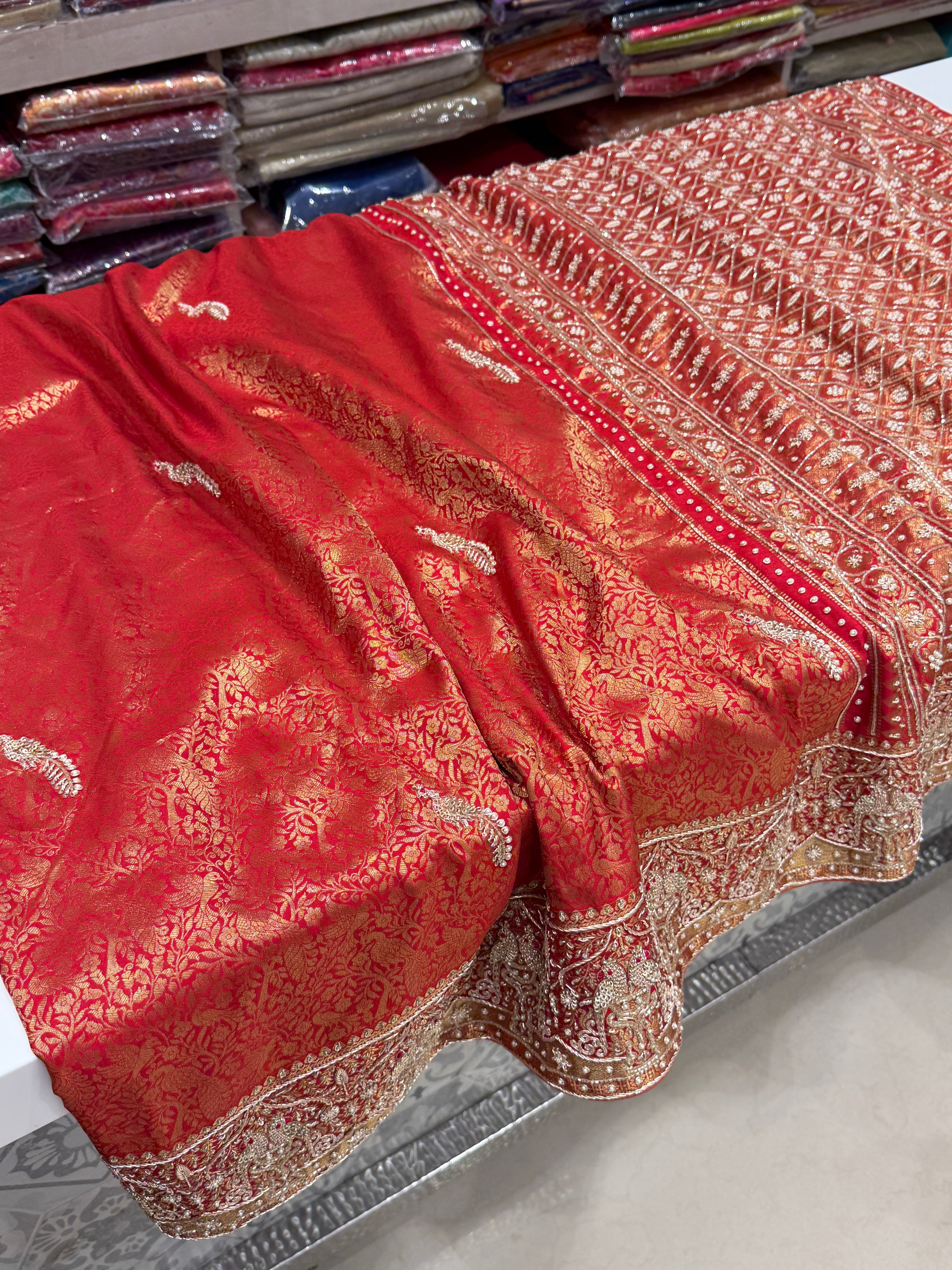 Red Kanjivaram Peacock Motif Hand Embroidery Zardosi Saree