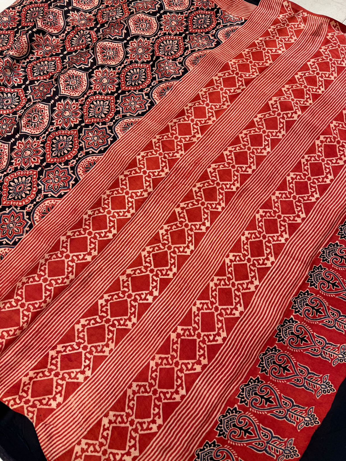 Red Badam Butta Jaal Ajrakh Hand Block Print Pure Gajji Silk Saree