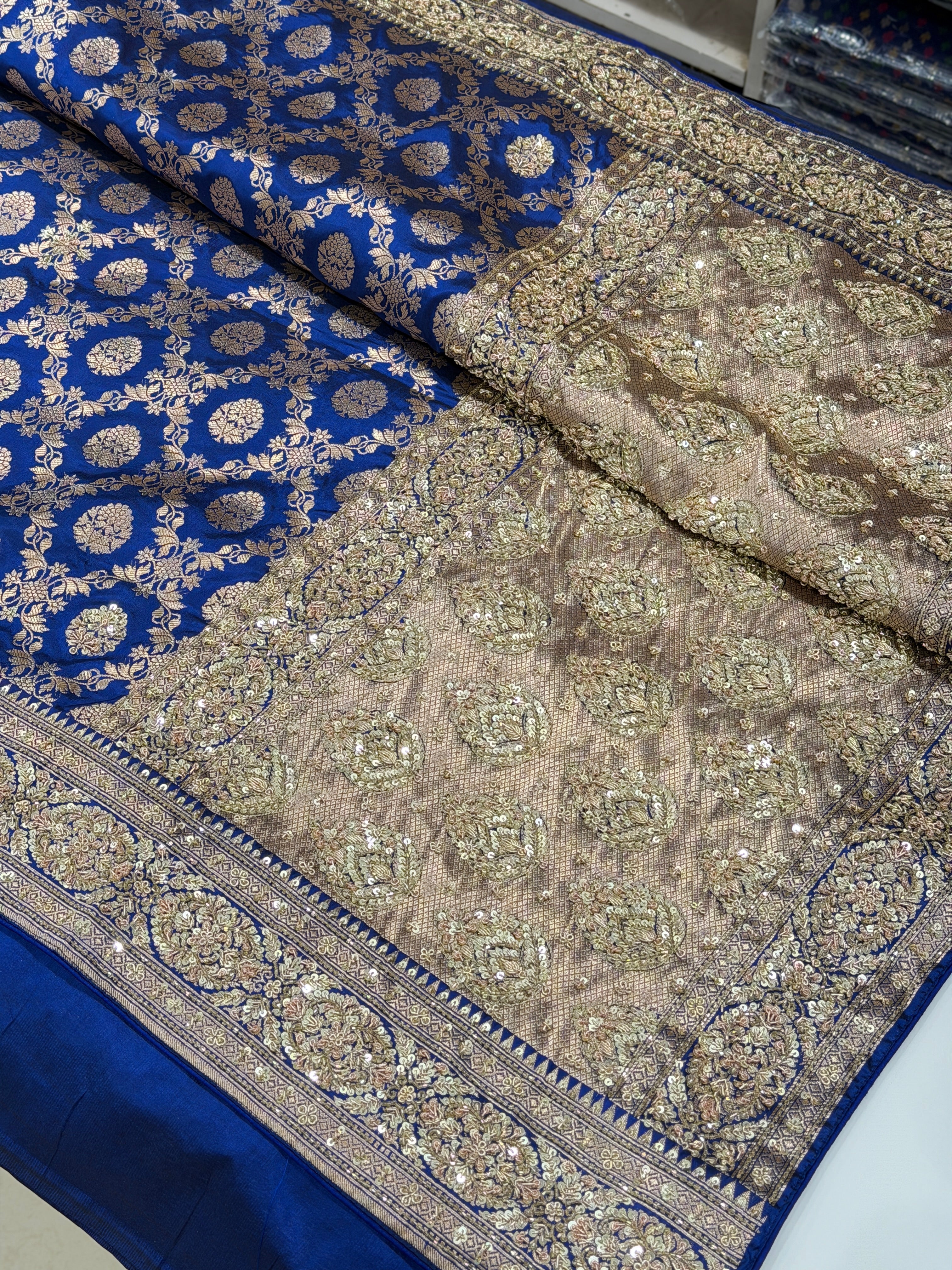 Blue Handloom Banarasi Katan Zardosi Hand Embroidery