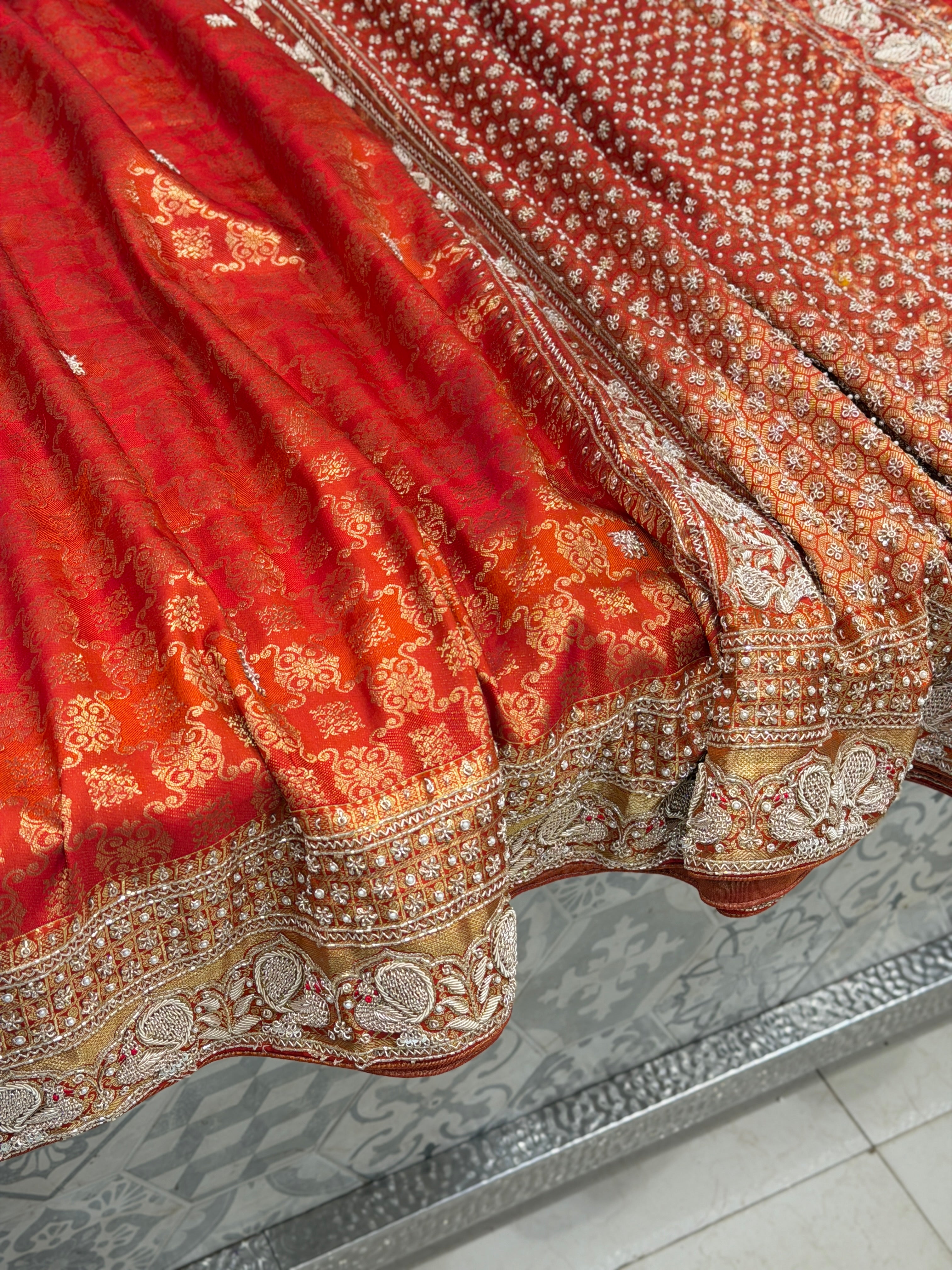 Rust Orange Kanjivaram Peacock Motif Hand Embroidery Zardosi Saree